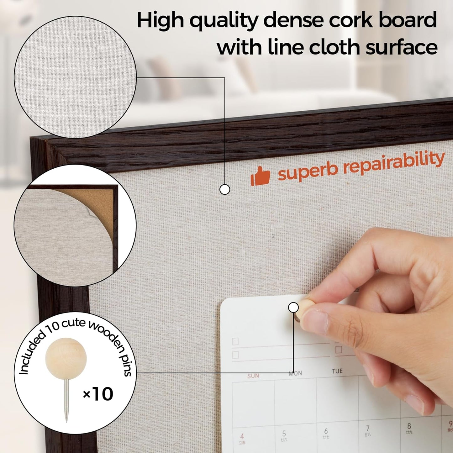 Fun Memories Cork Board Bulletin Board for Office, 20" x 30" Oak Wooden Framed Corkboard, Wall Mounted Notice Pin Board for School Home & Office, Dark Walnut