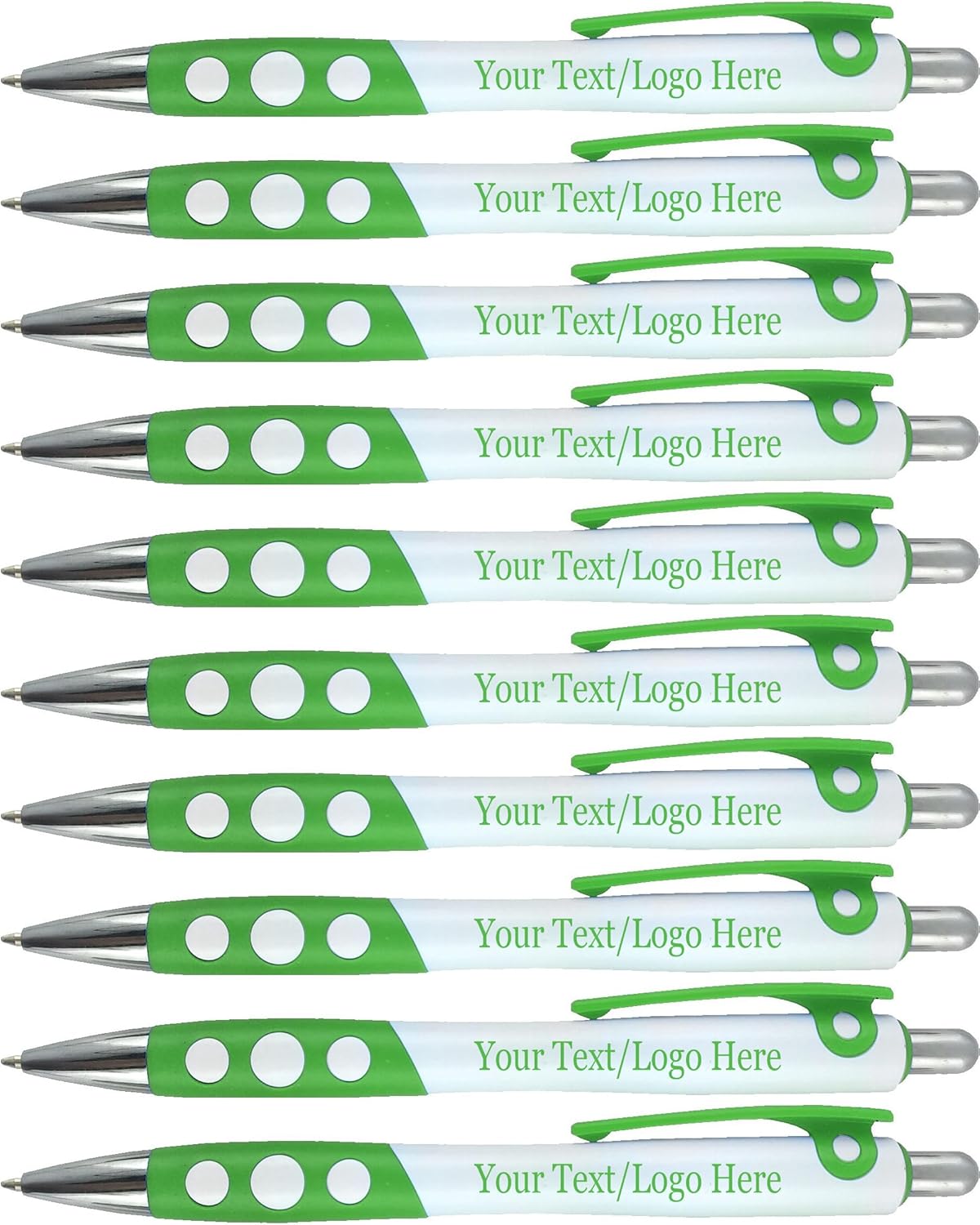 SyPen Personalized Ballpoint Pens With Custom Logo/Text-350 Pack Bulk-for Businesses, Parties, & Events, Custom Printed, White Barrel with Matching Colored Clip and Grip, Click Pens, Black Ink, Green
