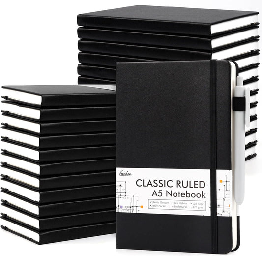 feela 24 Pack Journal Notebook for Work, Business Notebook Bulk Hardcover Lined Writing Journal with Pen Holder for Men Women Note Taking, with 24 Black Pens, 120 GSM, 5.1”x8.3”, A5, Black