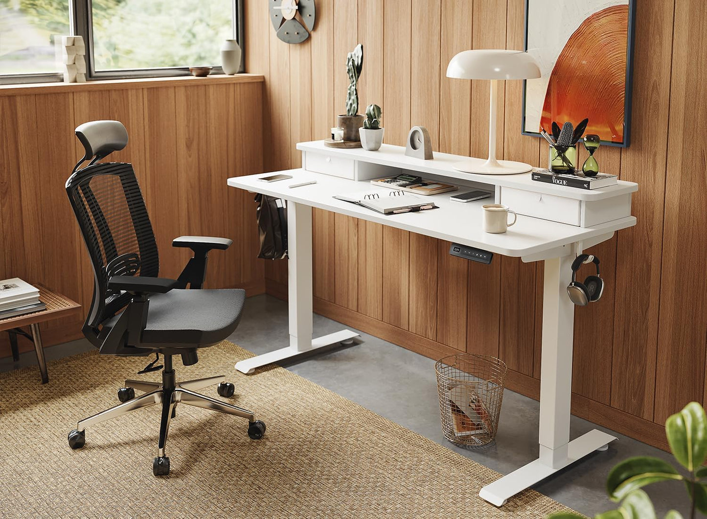 FEZIBO 63 x 28 Inch Deeper Height Adjustable Electric Standing Desk with Double Drawers, Sit Stand Up, Home Office Computer Desk with 4 Height-Adjustable Feets & 2 Hooks, White Frame/White Top