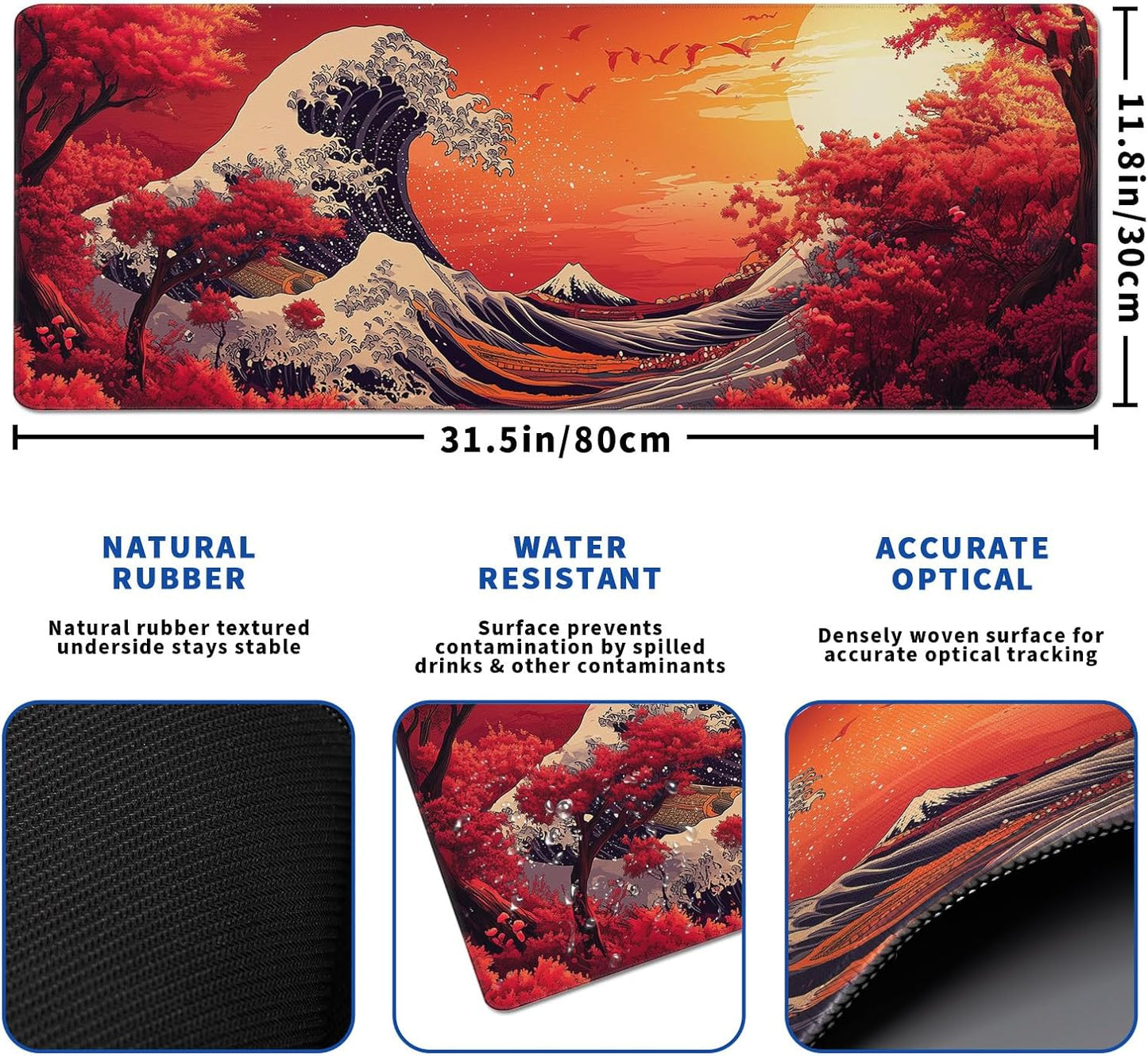 Red Japanese Sea Wave Mouse Pad Abstract Red Mouse Pad 31.5x11.8 Inch Texture Non-Slip Rubber Base Large Mousepad Stitched Edges Keyboard Mouse Mat Desk Pad for Office and Home