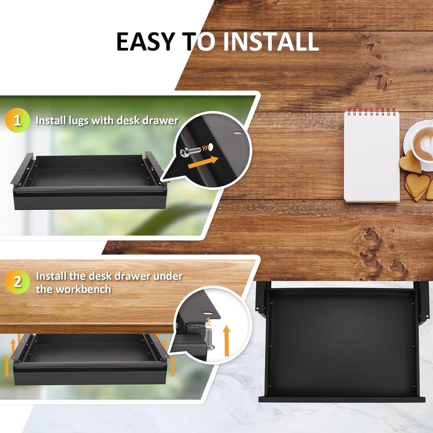 Under Desk Drawer For Desk 23.5 in, Pull out Storage Organizer with Slide Extension Mounted Under Flat Wooden Table or Workbench, Carbon Steel Hidden Desk Drawer