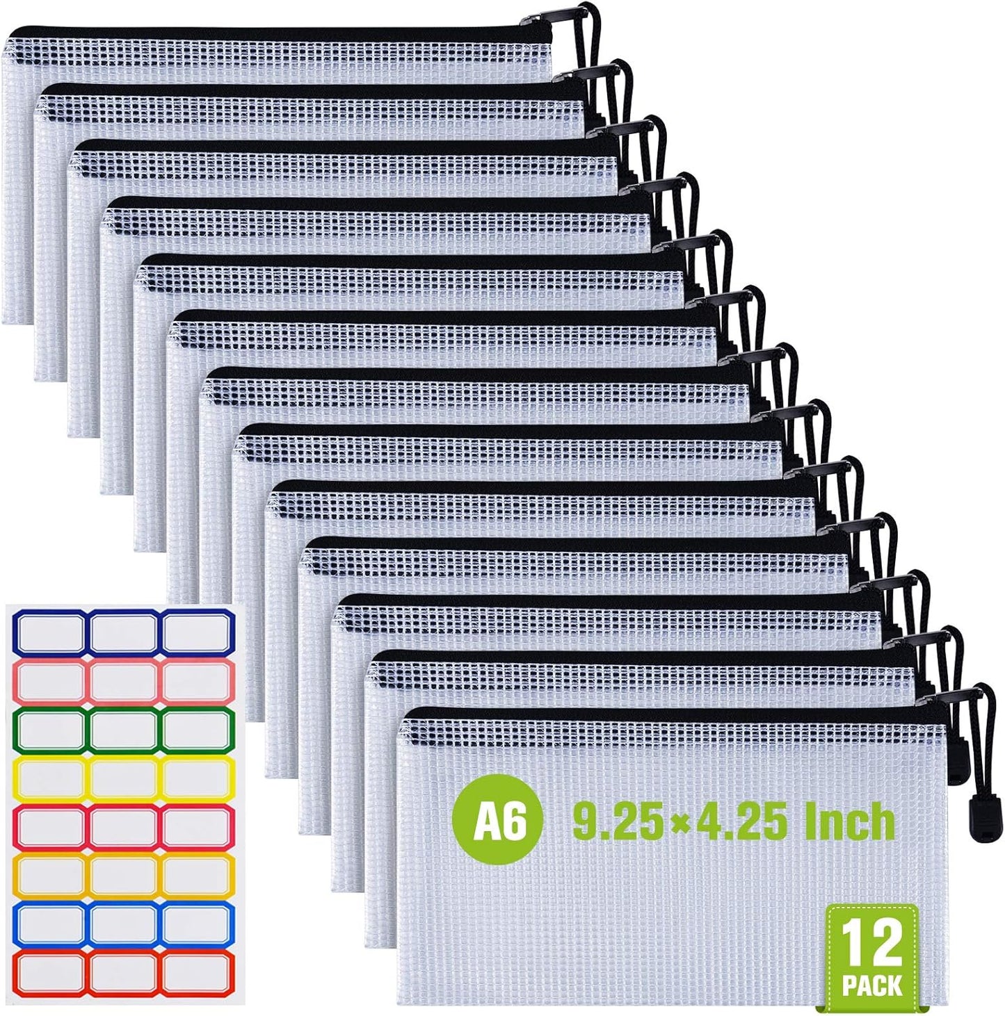 12 Pcs Plastic Mesh Pencil Pouch, Waterproof Tear-Resistant Document File Folders, Zipper Documents Pouch Document Organizer Bags for School Office Business Home Travel Storage(9.25×4.25Inch)