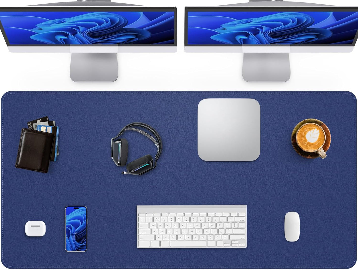 Large Desk Pad Mat - Waterproof Mouse Pad & Desk Protector, Non-Slip XL PU Leather Gaming Mat for Keyboard/Mouse, Stitched Edge with Ergonomic Support, 47"x17" (Blue)