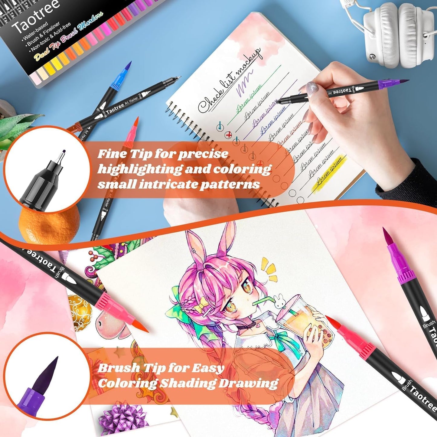 Taotree 120 Colors Dual Tip Art Markers Pens for Adult Coloring Book, Artist Fine & Brush Tip Coloring Markers Drawing Pen for Journaling Note Taking Lettering Calligraphy Craft Art Supplies Set