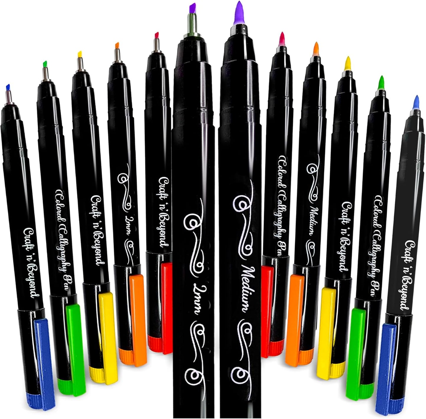 Craft 'n' Beyond Colored Calligraphy Brush Pens Waterproof Pack of 12 Markers for Hand Lettering, Art Drawing, Sketching, Scrapbooking, Journaling - Beginner Kit with Fadeproof Ink