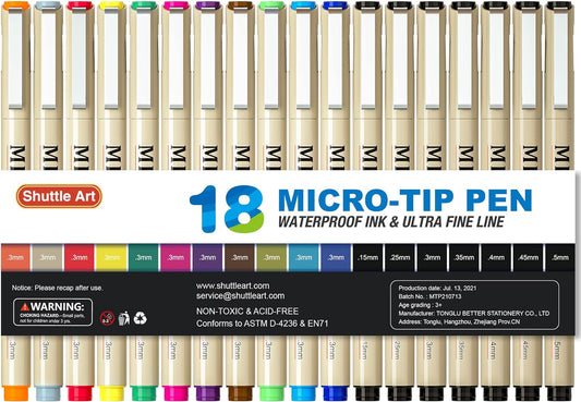 Shuttle Art 18-Pack Micro-line Pens - 11 Waterproof Archival Ink Colors in 0.3MM Felt Tip & 7 Blacks in 0.15-0.5MM For Journaling, Illustrating & Drawing