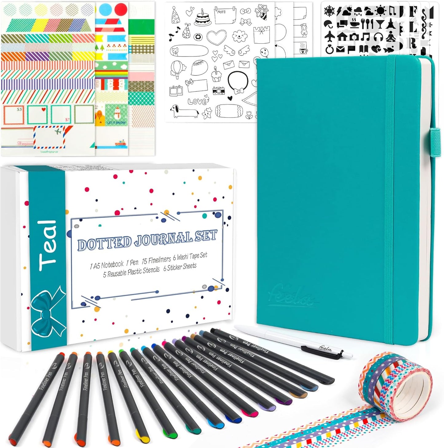 feela Dotted Journal Kit, Dot Grid Journal Hardcover Planner Notebook Set For Beginners Women Girls Note Taking with Journaling Supplies Stencils Stickers Pens Accessories, A5, 224 Pages, Teal