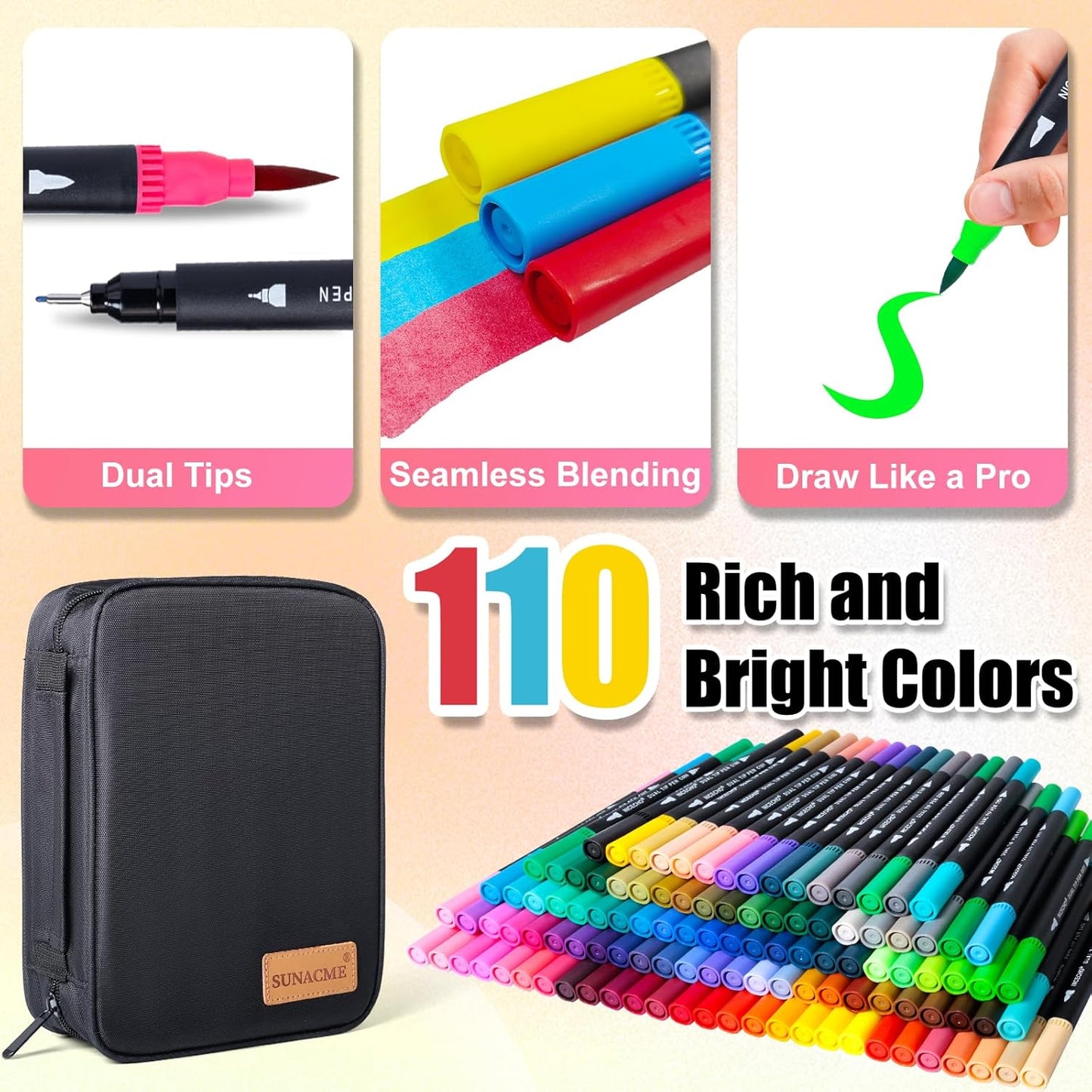 Art Supplier Dual Brush Markers Pens, 110 Artist Coloring Marker Set, Fineliner & Brush Tip Pen with Premium Case for Adults Coloring Books & Kids Journal, Drawing, Doodlin