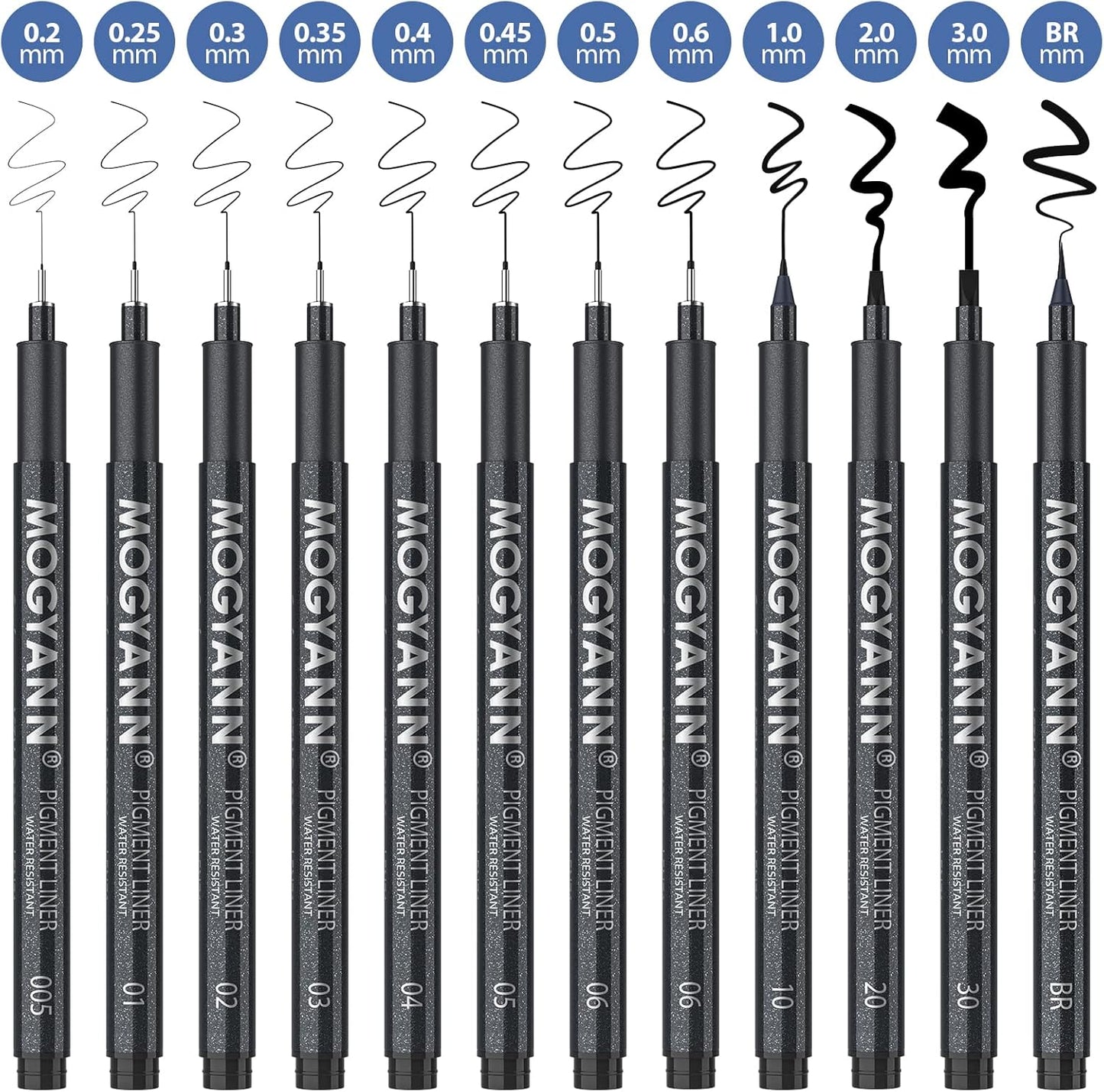 Mogyann Drawing Pens Black Art Pens for Drawing 12 Size Waterproof Ink Pens for Artists Sketching, Manga, Writing