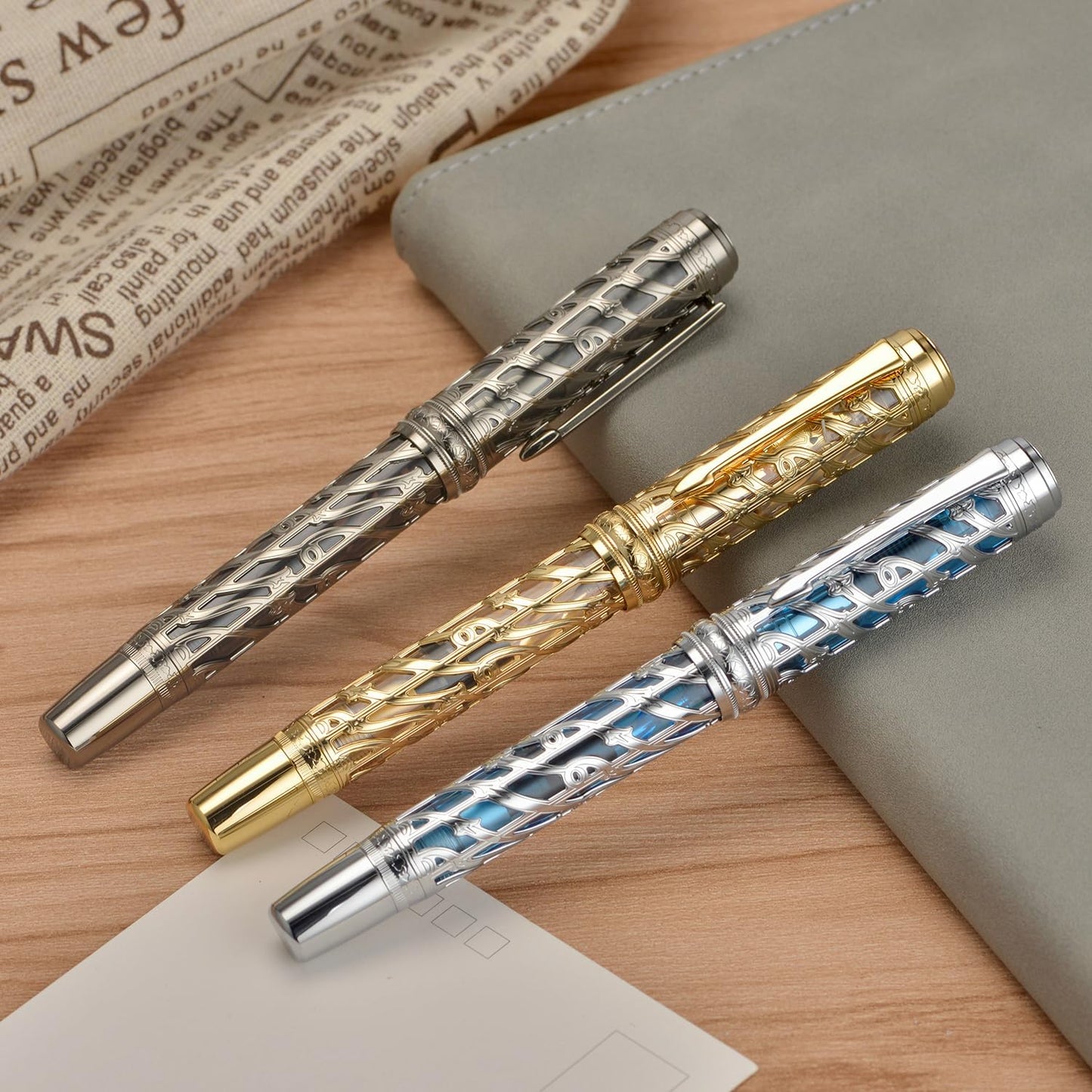Hongdian A6 Piston Fountain Pen Fine Soft Nib, Jet Black Hollow Skeleton & Resin Pen with Metal Case Set