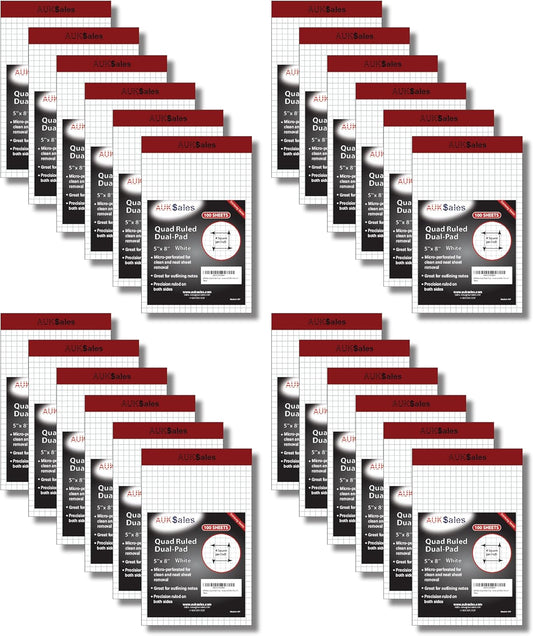 Grid Paper Pad 5x8 Inches, Graph Paper Pad 4x4, Grid Notepad, 24 Pack, 5x8 Graph Paper 1/4 Grid, Graphing Paper, Engineering Pad, 100 Sheets 200 Pages Perforated Pad for School, Home, & Office