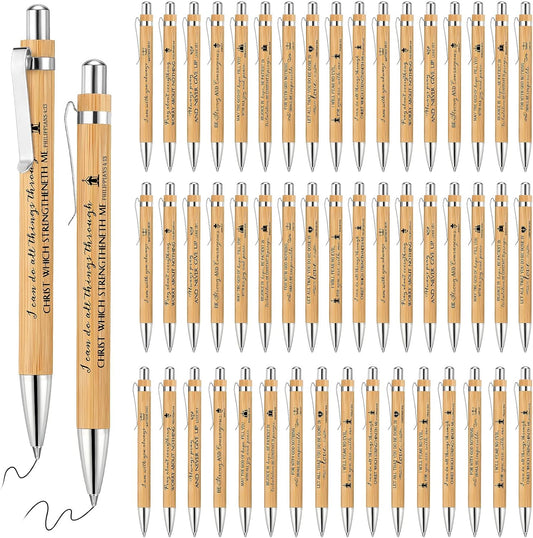 50 Pack Bible Verse Bamboo Retractable Ballpoint Pens Christian Inspirational Bible Verse Ballpoint with Black Ink Pen for Journal Writing Office Supplies Religious Gifts for Men Women(Classic Color)