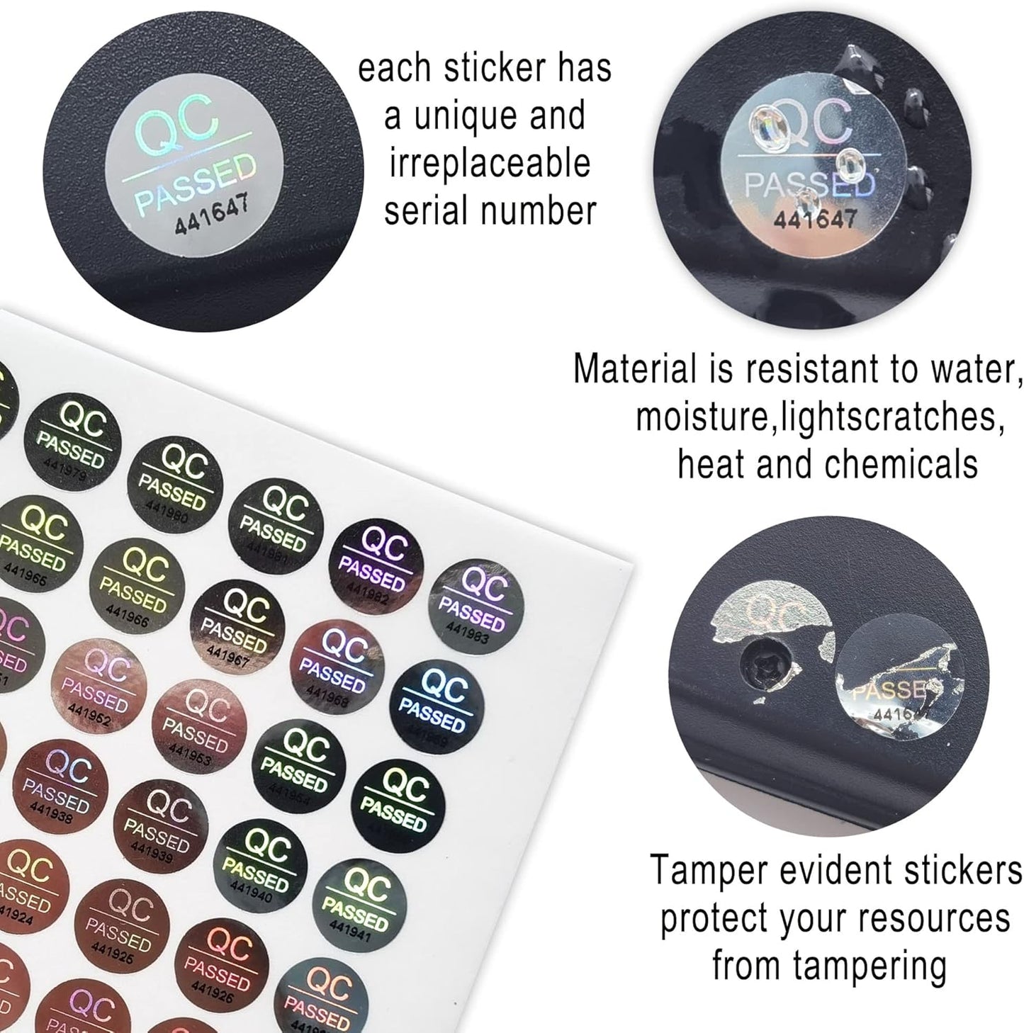 1700pcs 0.39 inch QC Passed Tamper Proof Stickers Silver High Security Tamper Evident Warranty Void Hologram Labels w/Unique Sequential Serial Numbering