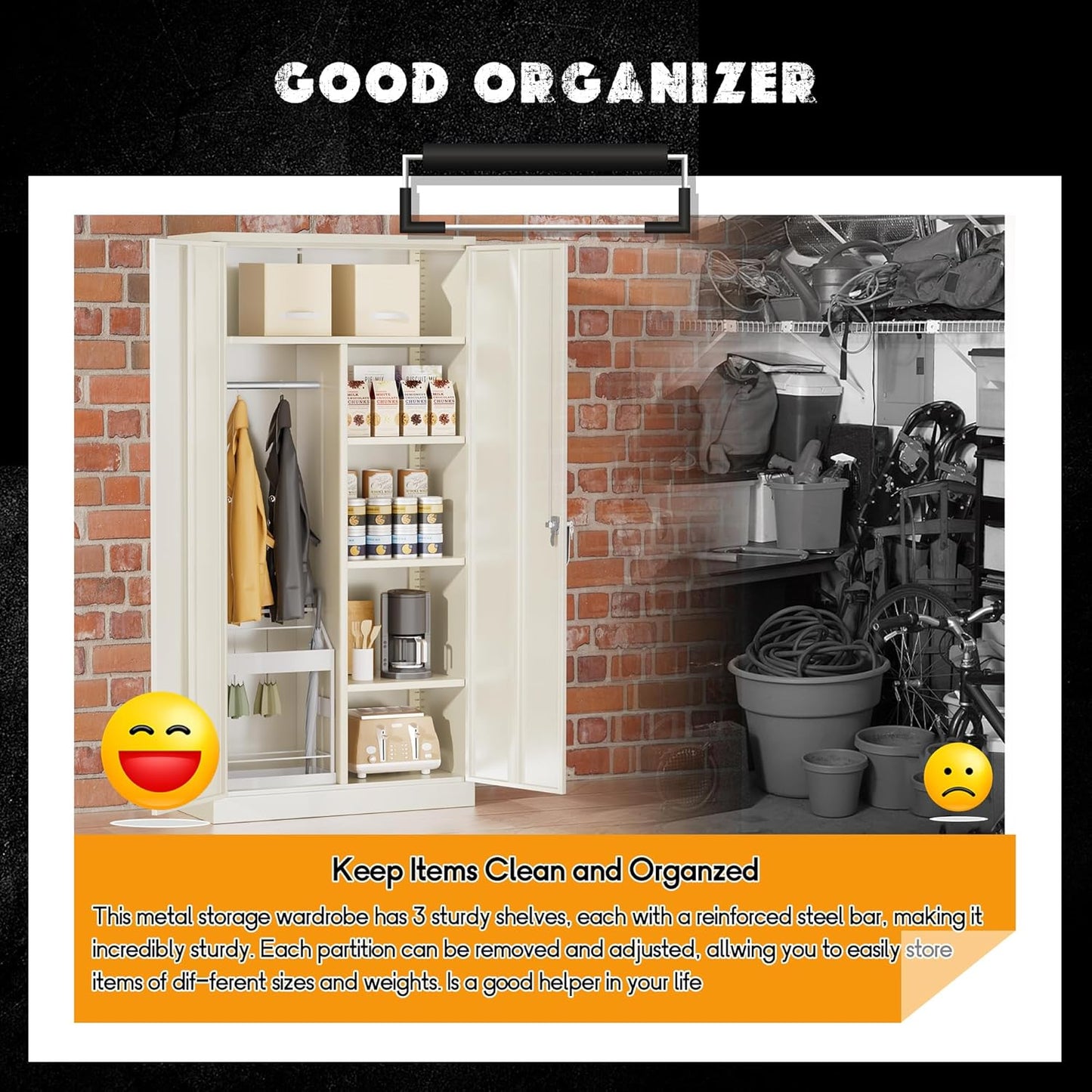 Greenvelly Metal Storage Cabinet with 2 Doors, Grey 72” Steel Storage Wardrobe Cabinet, Employees Locker Closet Clothing Coat Steel Wardrobe Cabinet with Hanging Rod for Garage, Gym, Home Office