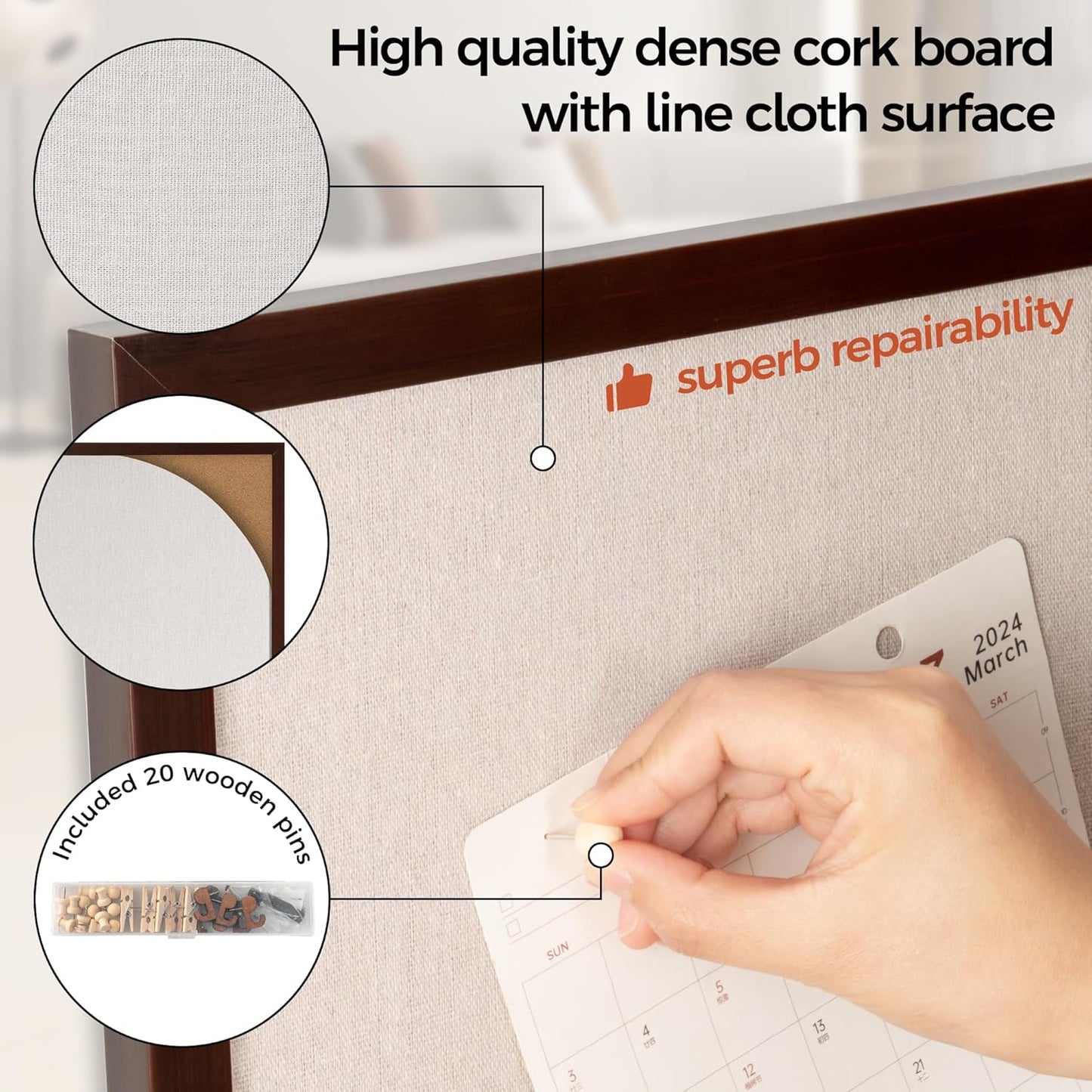 Fun Memories Cork Board Bulletin Board for Office, 20" x 30" Pine Wooden Framed Corkboard, Wall Mounted Notice Pin Board for School Home & Office, Dark Walnut