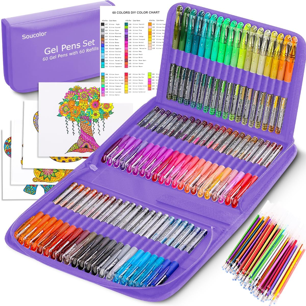Soucolor Teen Girl Gifts Trendy Stuff, Glitter Gel Pens for Adult Coloring Books, 120 Pack-60 Glitter Pens, 60 Refills and Travel Case, 40% More Ink Markers Set for Preppy School Stuff Journaling