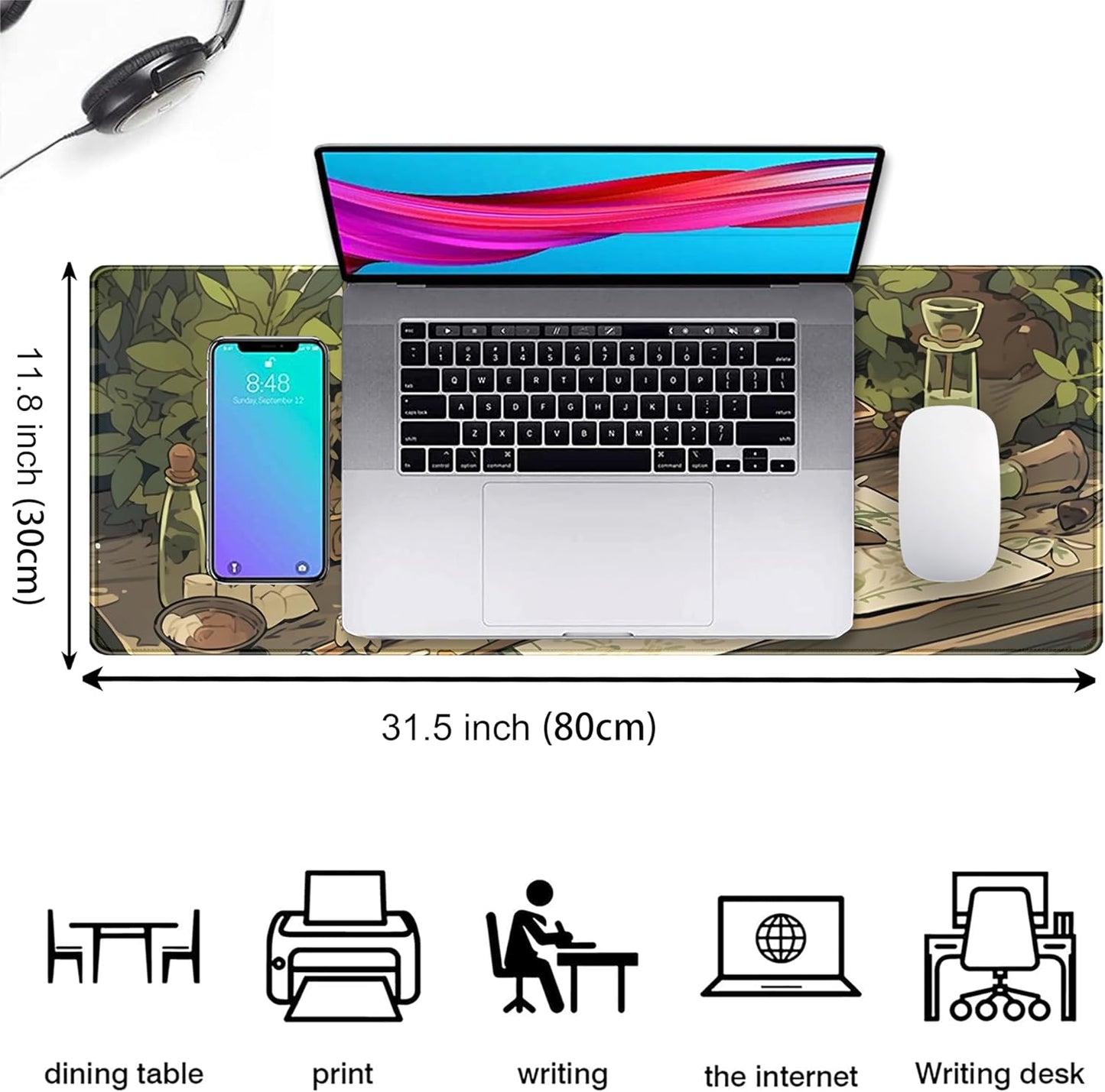 Cute Green Plants Desk Mat Anime Sage Mouse Pad Gaming Desk Pad XL, Kawaii Aesthetic Laptop Computer Keyboard and Mouse Mat, Desktop Decor Accessories Mousepad for Girl Women Office 31.5"x11.8"