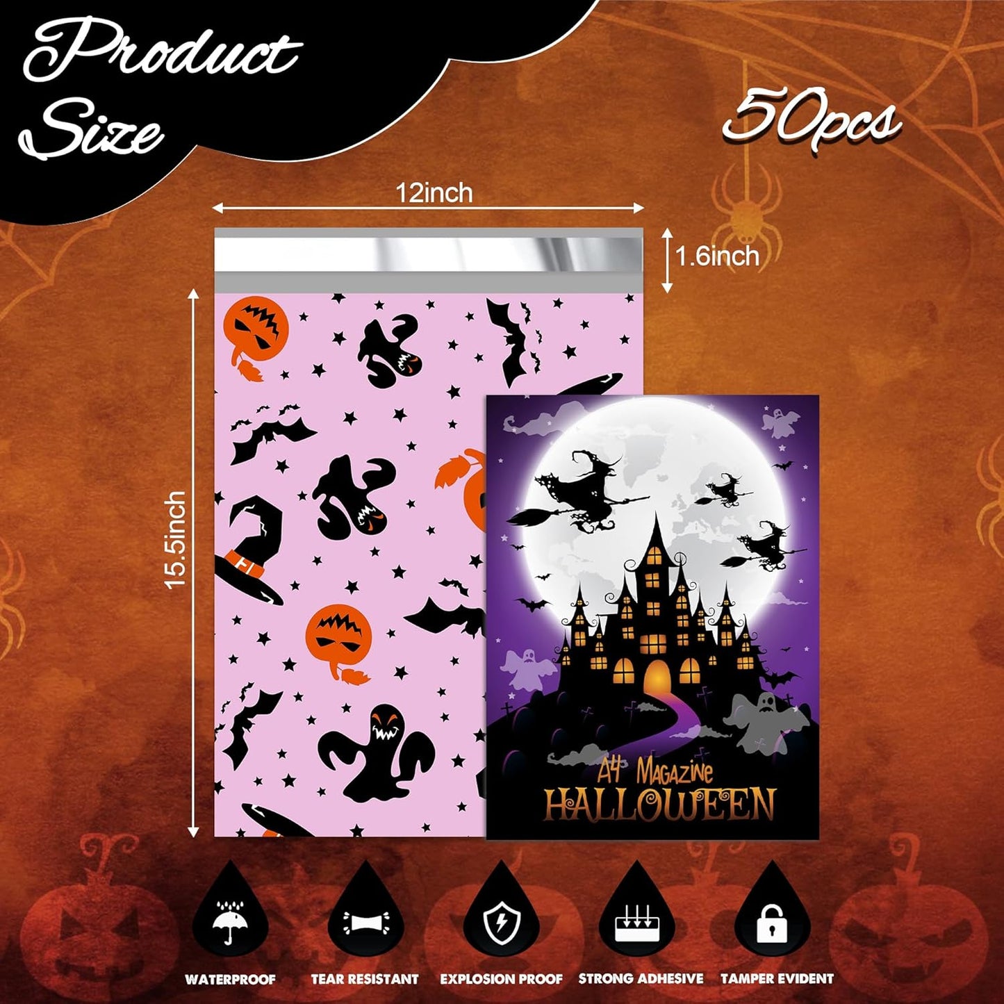 Halloween Poly Mailer 12x15.5 Inch 50 Pcs, Waterproof Shipping Bags for Clothing, Tear-Resistant Mailier Bags, Strong Mailing Bags with Self-Seal - Purple