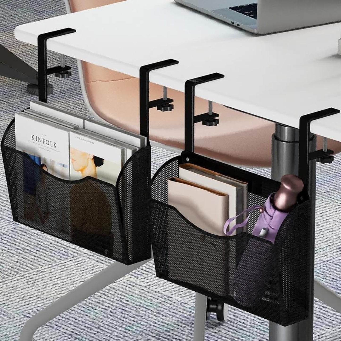 Under Desk Drawer, Desk Side Storage, Hanging Desks Organizer, Clamp On Mesh Metal Desks Organizer for Office and Home (Black)