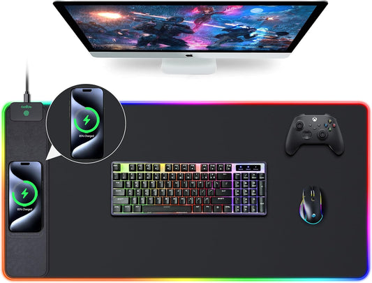 Wireless Charging Mouse Pad, RGB Gaming Desk Mat, 31.5"x15.7" Large XXL Desk Pad, 15 Lighting Modes, Ultra-Smooth Surface, Non-Slip Mouse Mat, Waterproof Computer Keyboard Pad for Desk, Office, Black