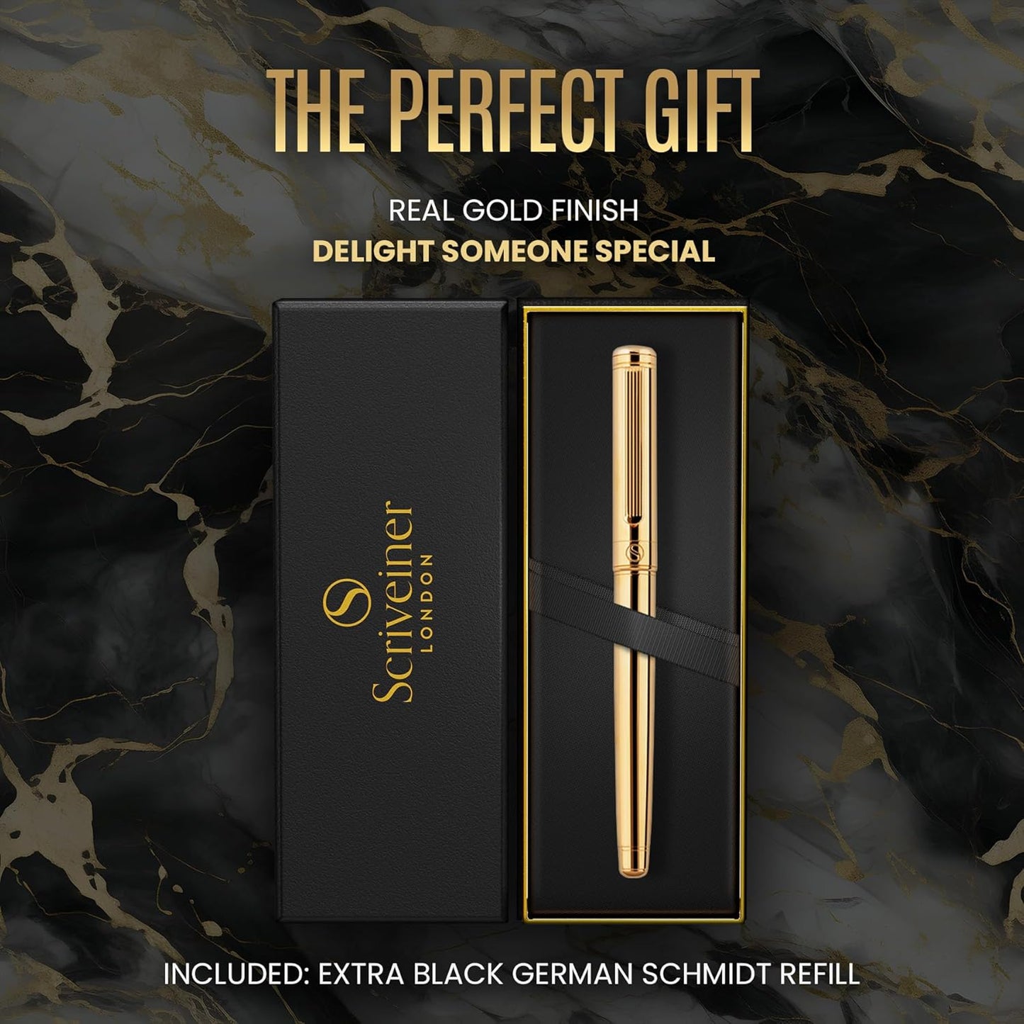 Scriveiner Gold Rollerball Pen - Stunning Luxury Pen, Real Gold Plating, Schmidt Ink Refill, Best Roller Ball Pen Gift Set for Men & Women, Professional, Executive Office, Nice Pens