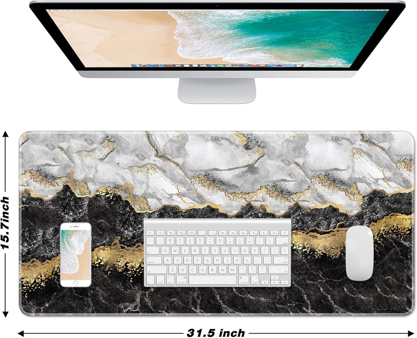 Extended Large Mouse Pad, XXL Gaming Mousepad 31.5 x 15.7 Inch, Big Computer Keyboard Desk Pad, Waterproof Mouse Mat with Stitched Edges and Non-Slip Base for Office Gaming, Black Marble