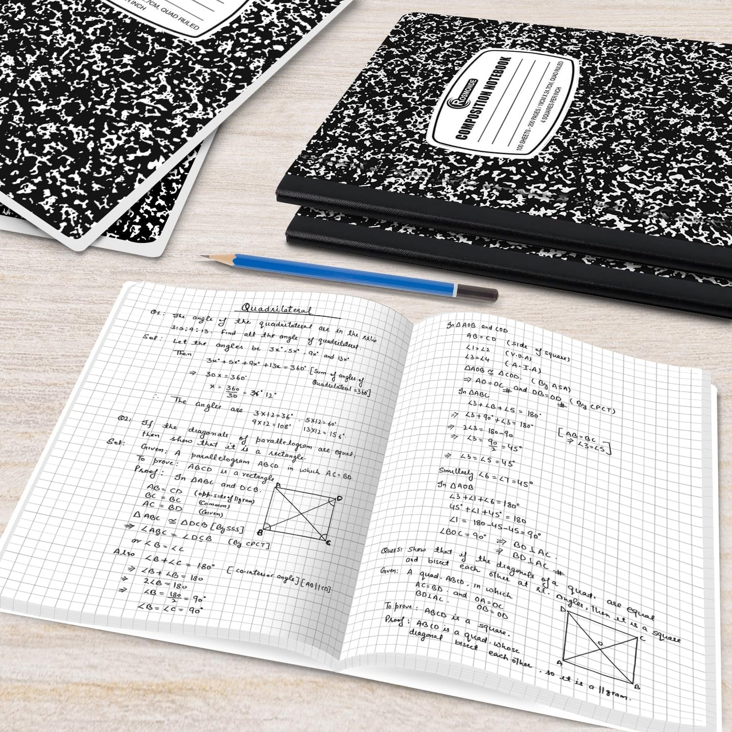 12 Pack Graph Paper Composition Notebook, 200 Pages (100 Sheets), 4x4 Grid, Graph Composition Notebook, Black Marble Hard Cover Quad Ruled Notebooks for School, Bulk Grid Composition Notebook