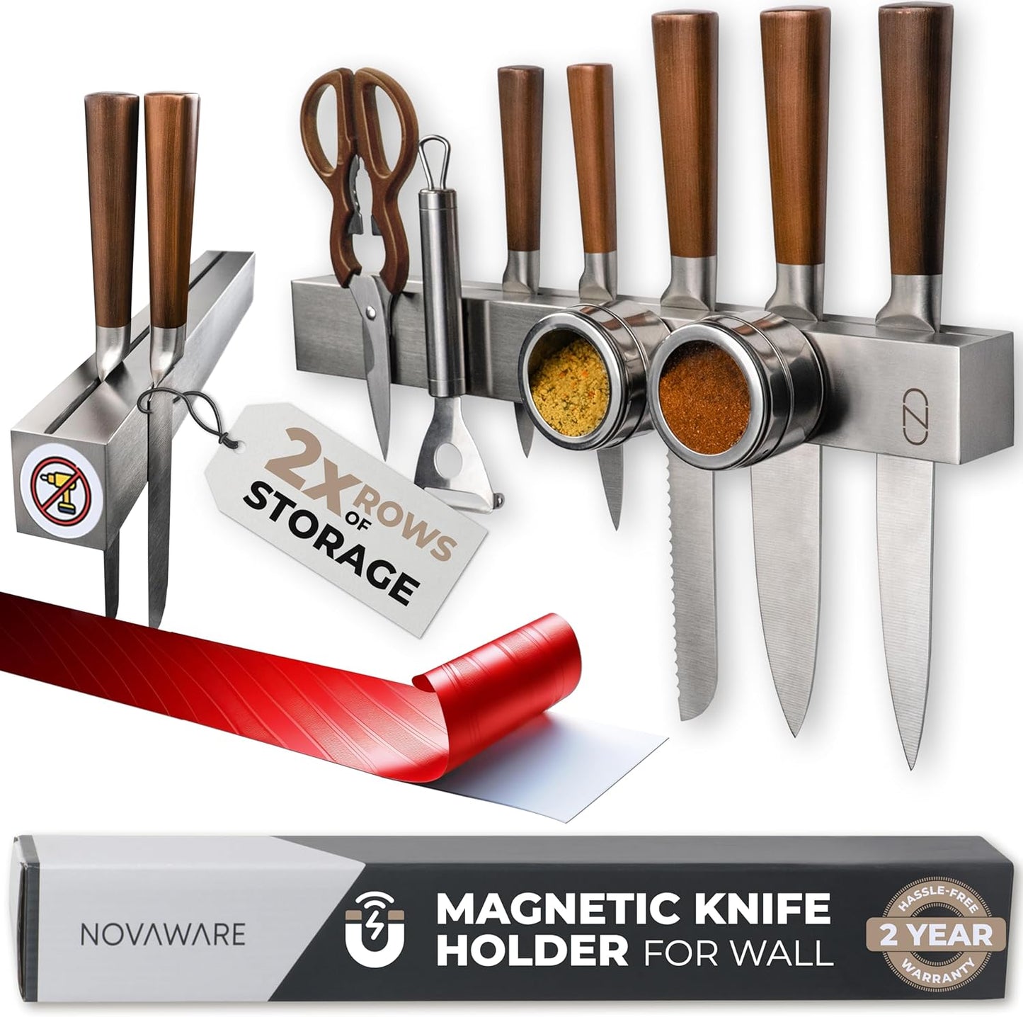 16" Adhesive Magnetic Knife Holder for Wall (No Drill) with 2x Storage - Safe, Patented Storage Design - Stainless Steel Magnet Knife Holder Strip - Magnetic Kitchen Organizer, Tool Storage