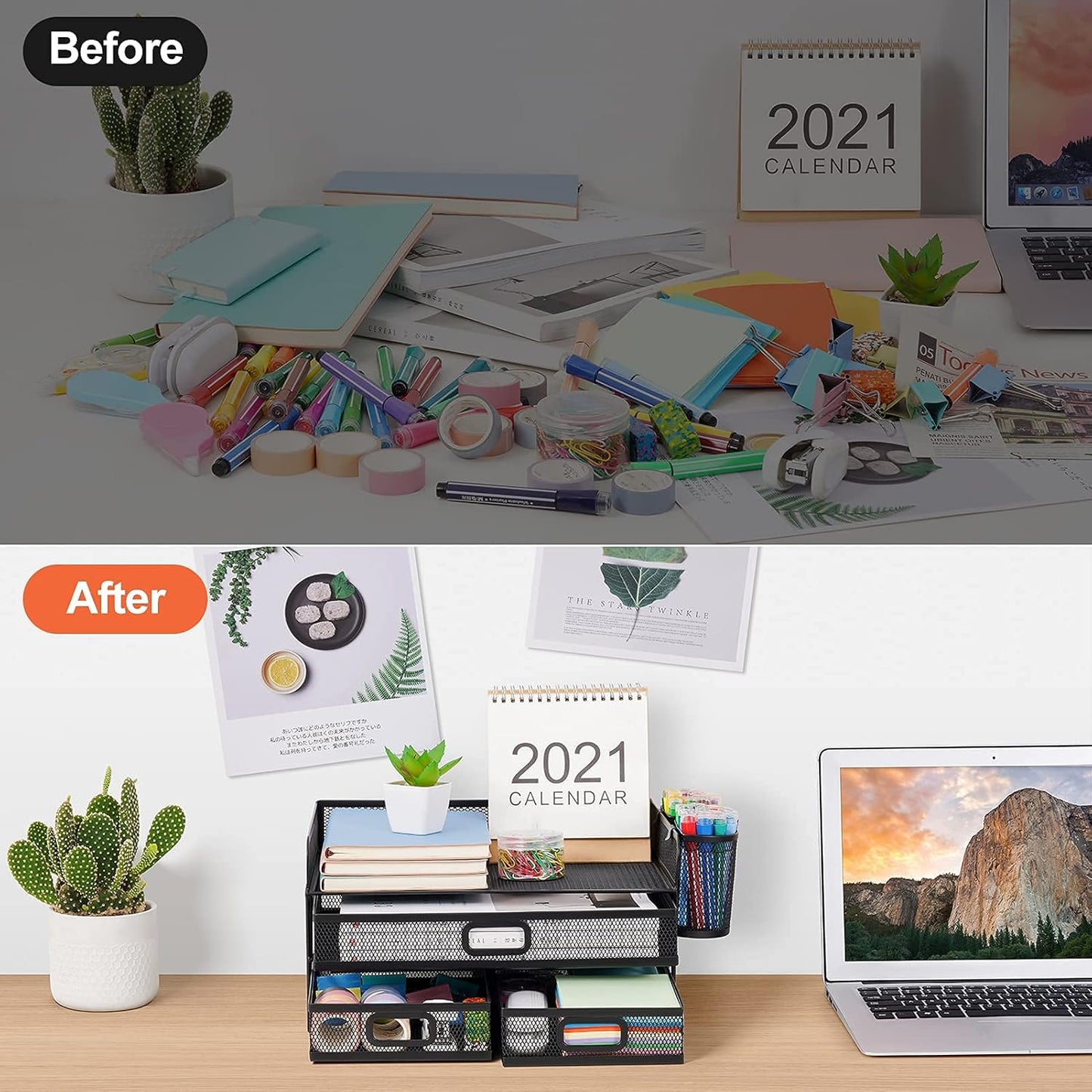 Marbrasse 3 Tier Mesh Desk Organizer with Drawer, Multi-Functional Desk Organizers and Accessories, Paper Letter Organizer with 2 Pen Holder for Home Office Supplies (Black)