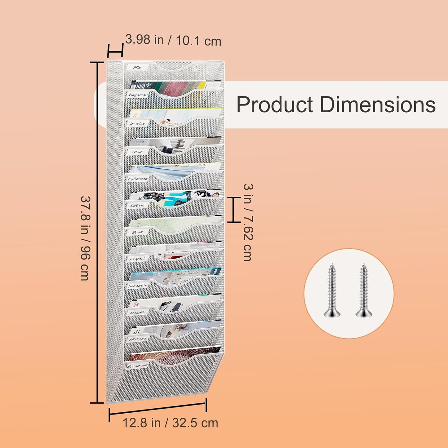12 Tier Hanging Wall File Holder, Metal A4 Wall Mounted Document Holder, Vertical Hanging Mail Organizer, Magazine Storage Rack for Office Home Classroom, White