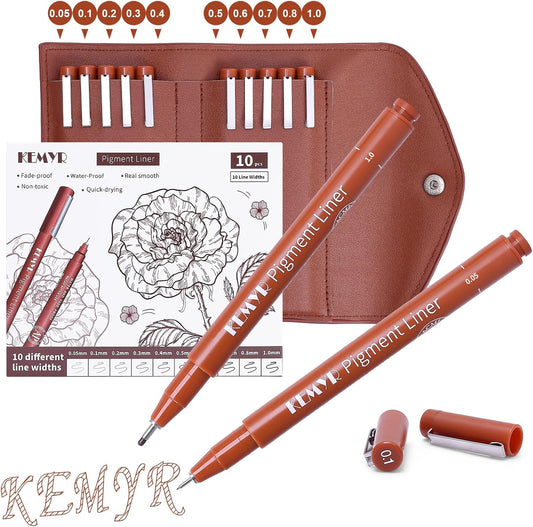 10 Micro Fine liner Drawing Art Pens Calligraphy Pens: 0.05mm-1.0mm Size Art supplies Waterproof Archival Sepia Ink Markers For Artists,Use for Professional Watercolor,Sketching