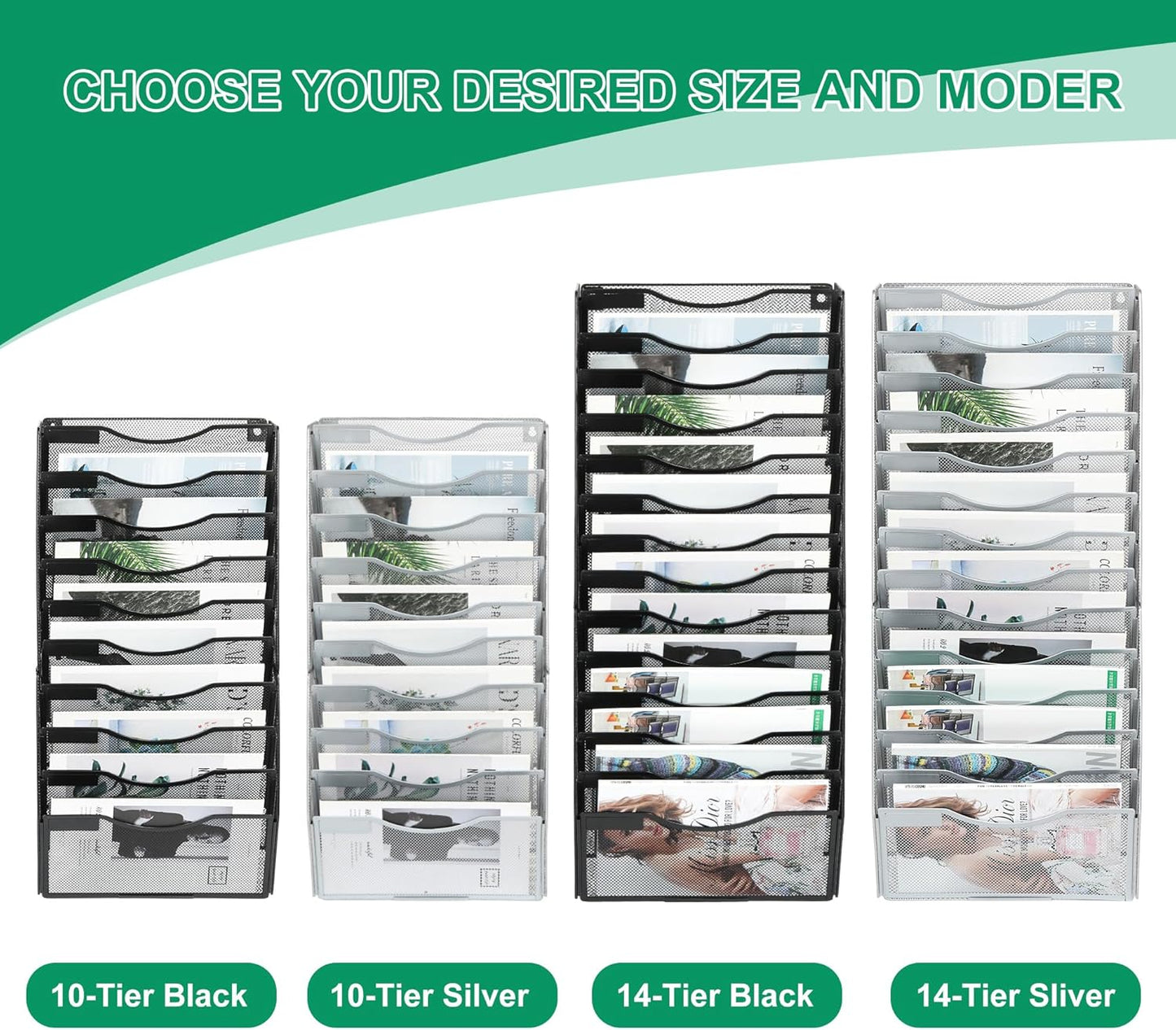 14-Pocket Wall File Organizer, Hanging Mail Organizer Wall Mounted Paper Document Holder, Metal Clipboard Storage Basket for Office Home School Organization, Black