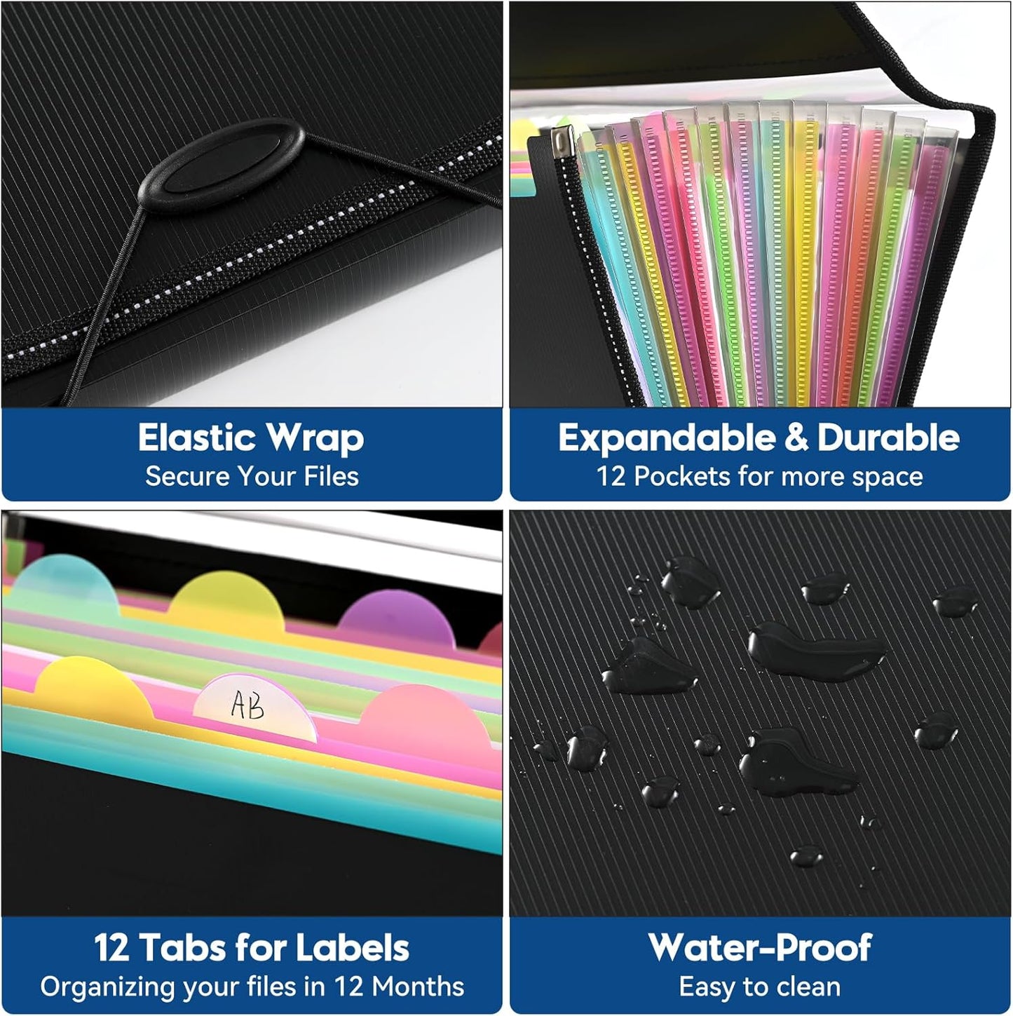 12-Pocket-Expanding File-Folder,Accordion-File-Organizer, A4/US Letter Size Paper Receipt Organizer Accordian Filing Folders (Black-C-12 Pockets)