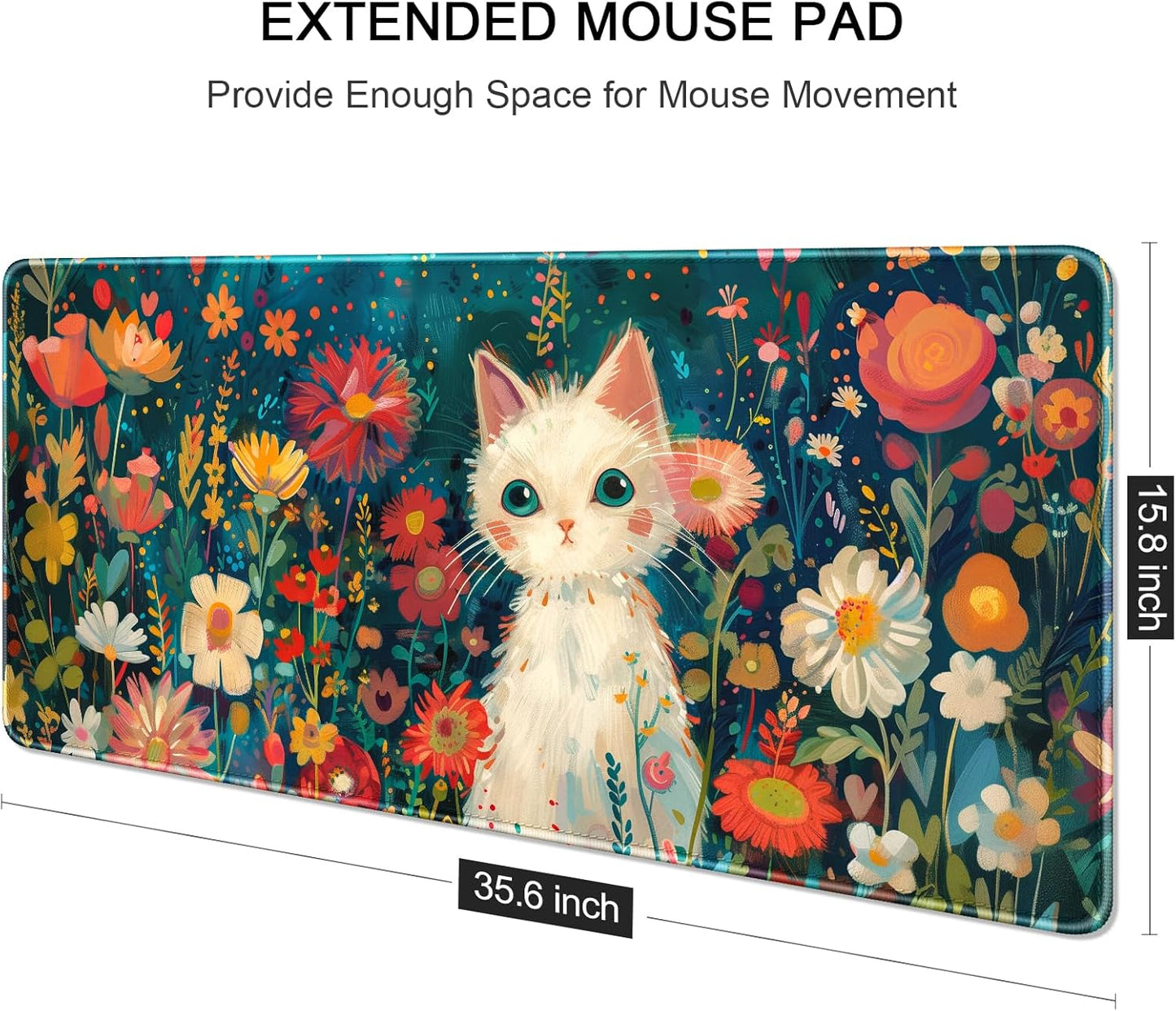 Auhoahsil Large Gaming Mouse Pad, Cat Theme XXL 35.4 x 15.7 in Desk Pad Stitched Non-Slip Rubber Long Computer Mousepad Thin Extended Full Size Desk Mat for Desktop, Laptop, Wireless Mice, Red Black