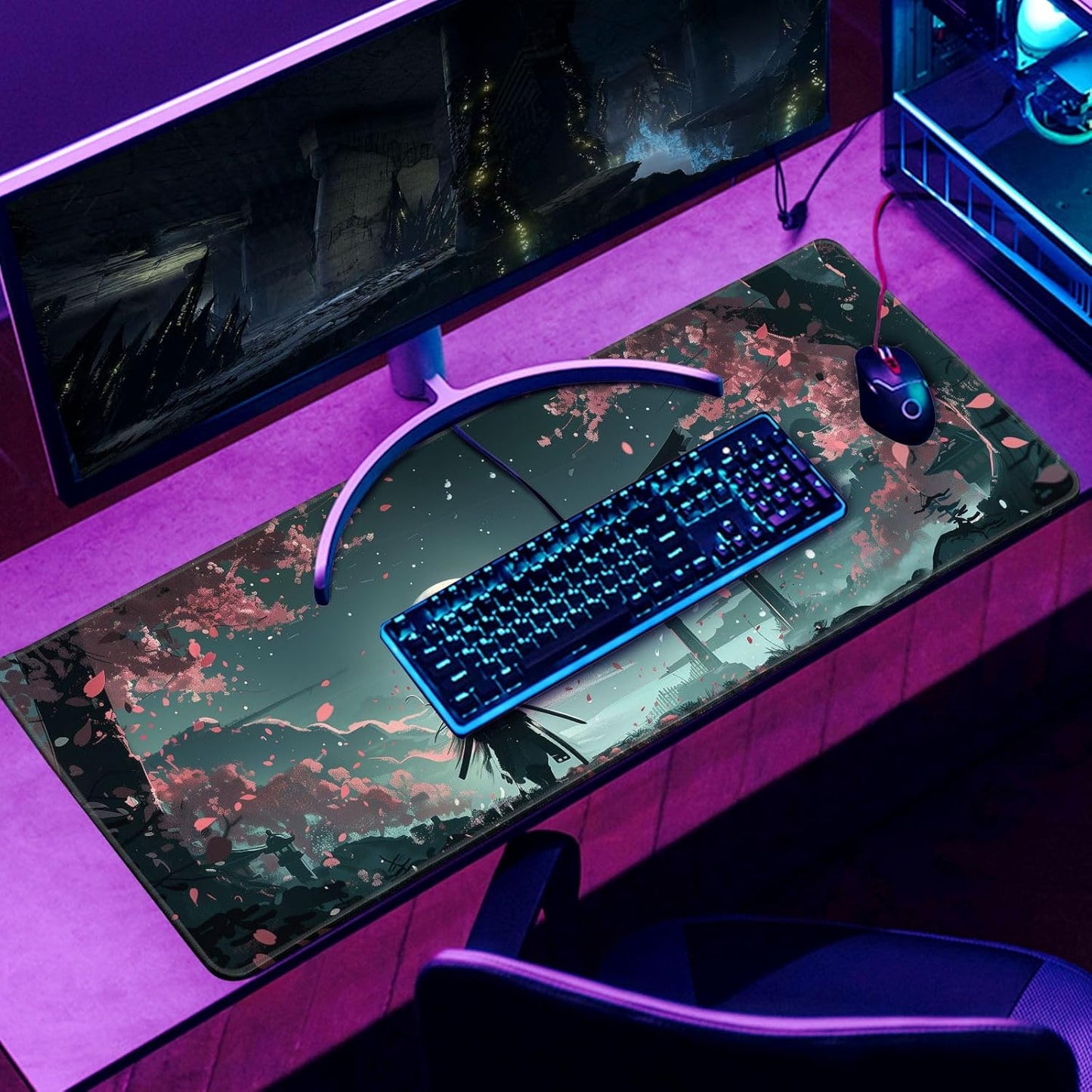 MiaVibte Japanese Full Moon Mouse Pad - Large Gaming Mouse Pad for Computer Keyboard Laptop, Desk Decor Home Office Accessories (31.5x11.8 in), Samurai Desk Mat, Pattern 15