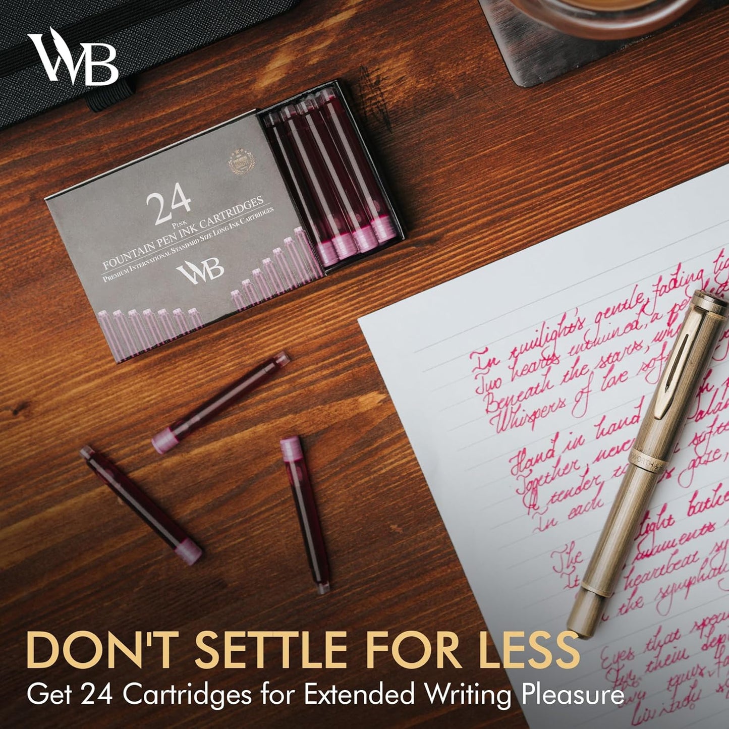 Wordsworth & Black 24 Pack Fountain Pen Ink Refills - Set of 24 Pink Ink Cartridges - International Standard Size - Length APPR 1.5" - Base Diameter APPR 0.24" - Disposable and Generic