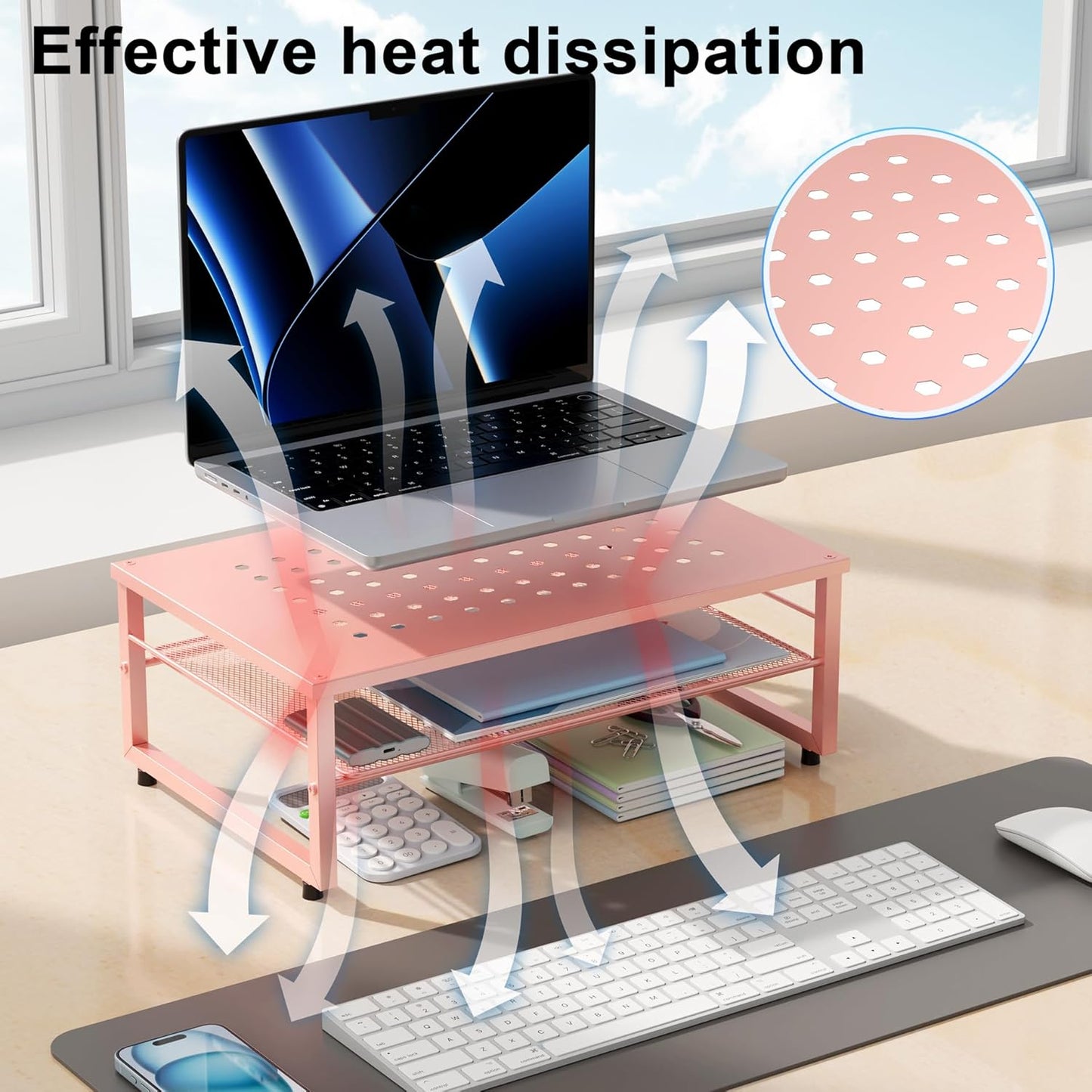 gianotter 2-Tier Metal Monitor Stand Riser, Desk Organizer for Monitor, Office Desk Storage Organizer for Office Supplies (Rose Gold)