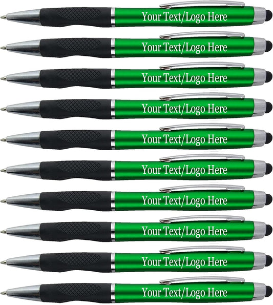 Personalized Stylus Pens With your Custom Logo or Text -300 Pack Bulk-for Businesses, Parties, and Events, 2 in 1 Ballpoint Pen + Capacitive Stylus for Touchscreen Devices, Green Barrel, Blue Ink