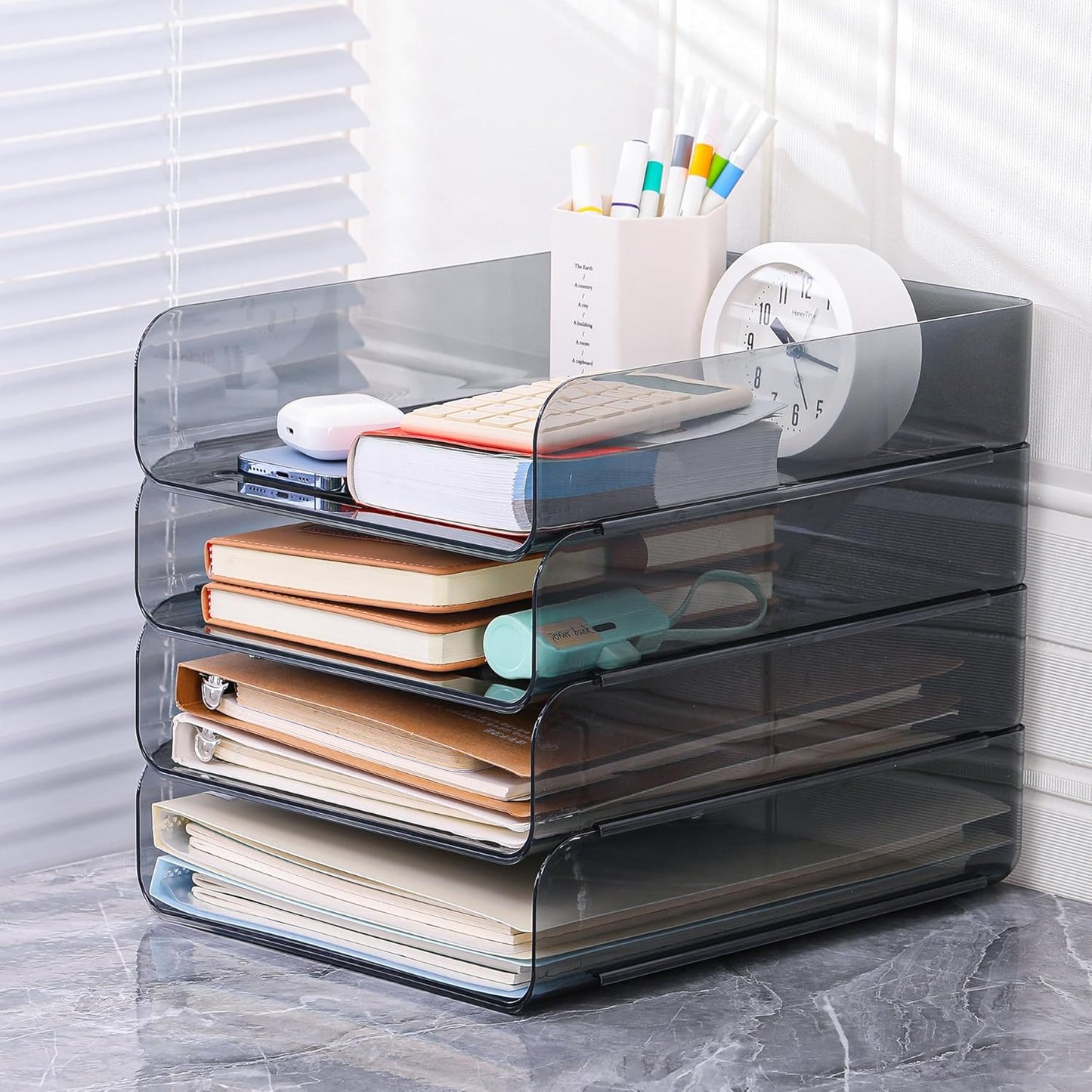 2 Pack Stackable Paper Tray Organizer, Clear File Organizer for Desk, Office Organizer and Storage for Desk Accessories, Notes, Books, File Paper, Document, Black