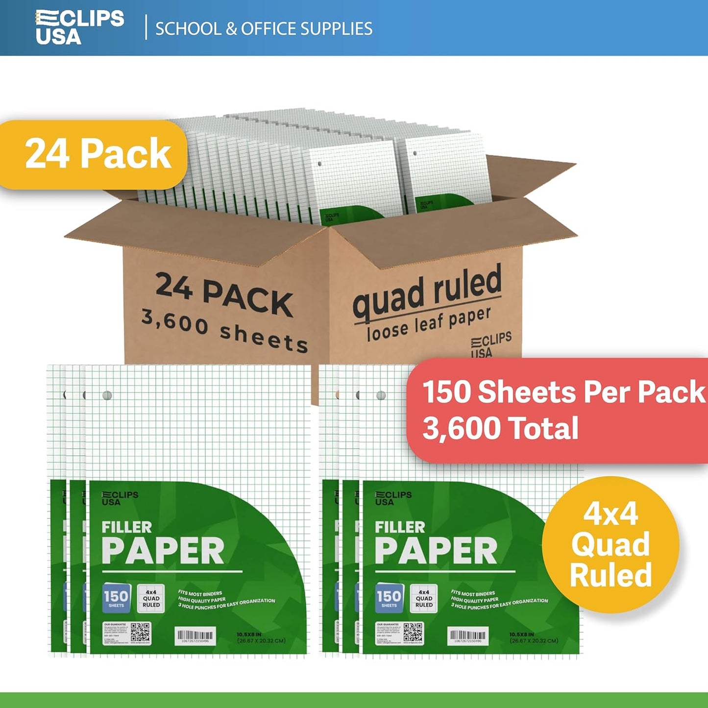 Graph Paper, Loose Leaf Graph Paper, 4 x 4 An Inch Quad Ruled Graph Paper, 10.5” x 8” Graphing Paper, 56 gsm, 150 Per Pack, 3600 Sheets (24 Pack)