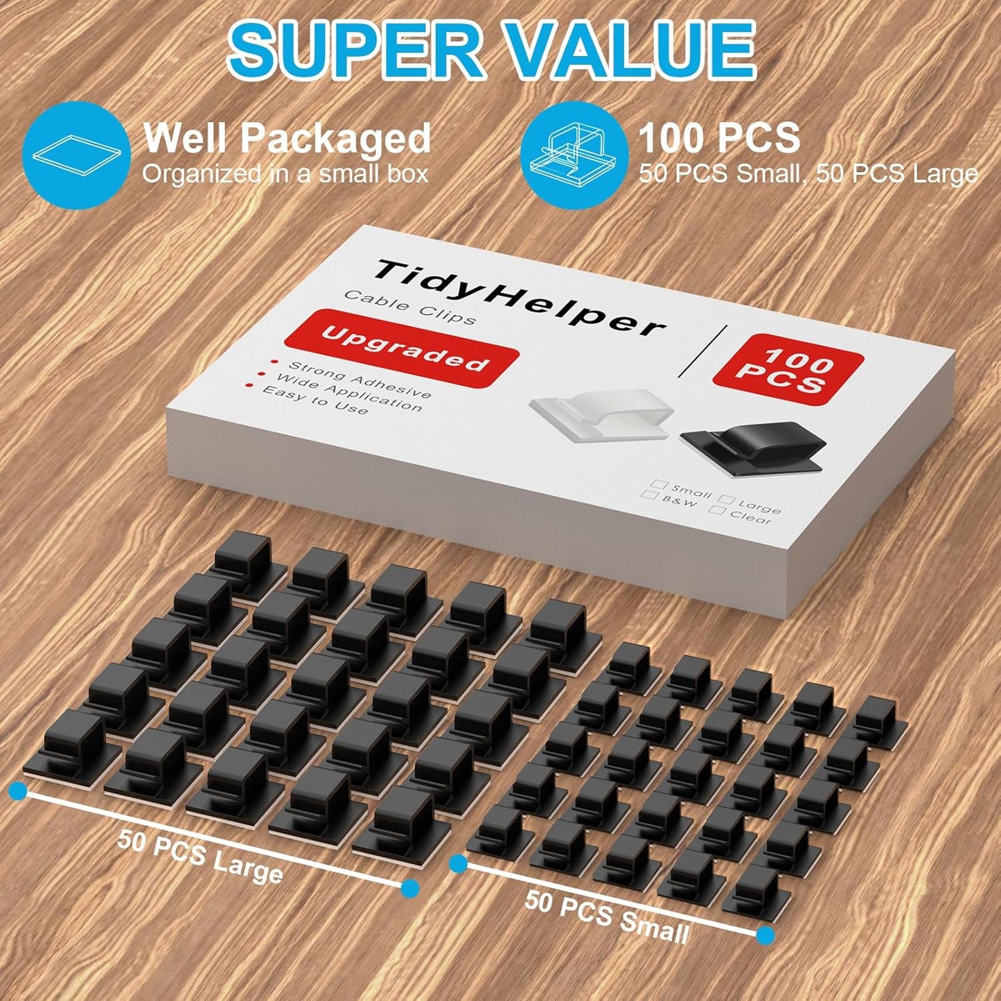 100 PCS Adhesive Cable Clips Black (Small & Large), Upgraded Wire Holder for Wall Cord Organizer Cable Management Under Desk, Outdoor Light Clips Hooks for LED, Car Dash Cam, HDMI, Extension Cord