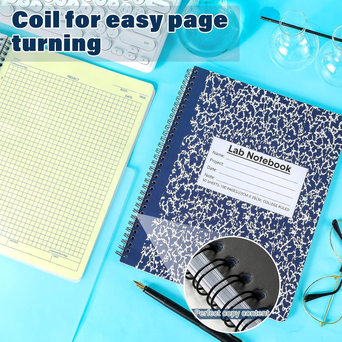 2 Pack Carbonless Lab Notebook Carbon Copy 8.5'' x 11'' Laboratory Engineering Chemistry Computation Notebook Science Grid Contains 50 Set Pages 100 Sheets Total Coil Binding(Blue)
