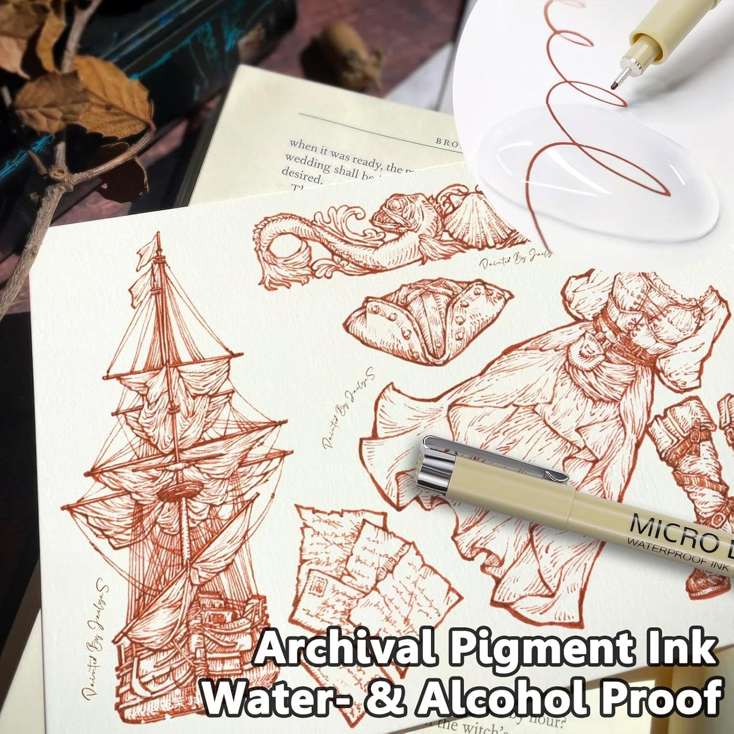 Muchcute Micro Fineliner Drawing Art Pens: 6 Sepia Fine Line Waterproof Ink Set Artist Supplies Brown Archival Inking Marker Liner Sketch Outline Manga Anime Gifts Sketching Watercolor Zentangle Stuff