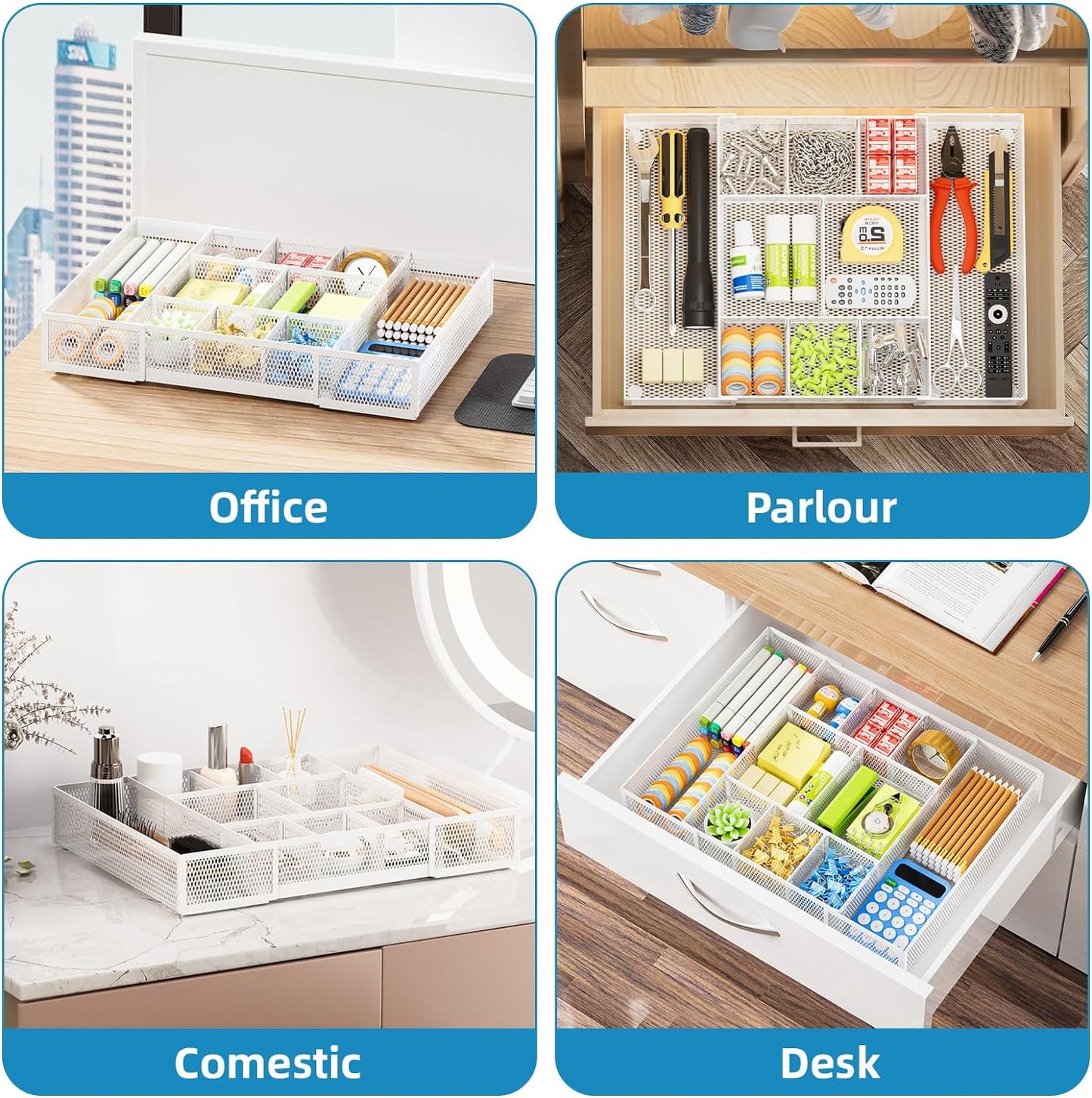 Marbrasse Expandable Desk Drawer Organizer, Mesh Drawer Organizer Tray with 10 Adjustable Compartments, Desk Organizers and Accessories for Office Supplies, Makeup & Vanity (Expandable White-2 pack)