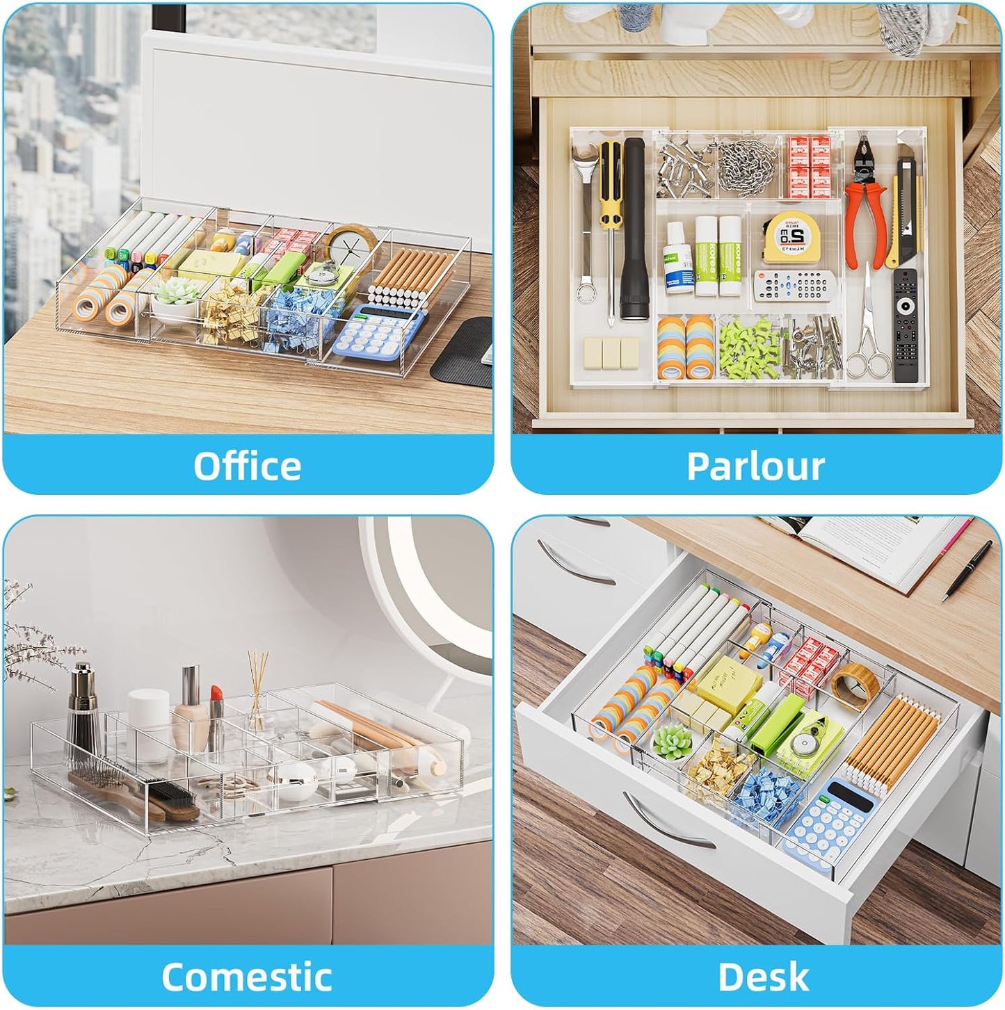 Marbrasse Acrylic Expandable Drawer Organizer, Clear Desk Drawer Organizer Tray with 5 Dividers, Desk Organizers and Accessories, 10 Adjustable Compartments for Office Supplies, Makeup & Vanity