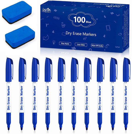 Dry Erase Markers, 100 Bulk Pack Blue Whiteboard Markers with 2 Eraser, Fine Point Dry Erase Markers Perfect For Writing on Whiteboards, Dry-Erase Boards,Mirrors for School Office Home