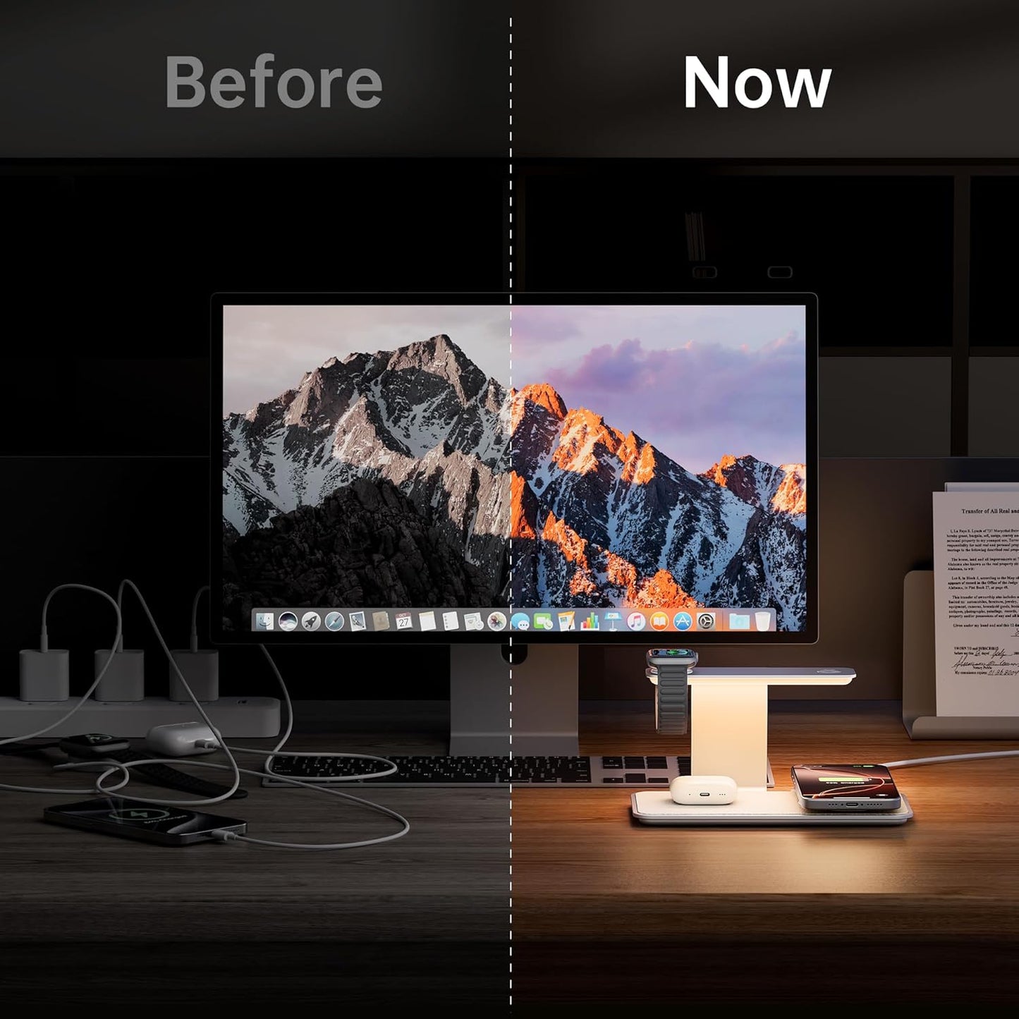 GUSGU 3 in 1 Charging Station for MagSafe Wireless Charger with Three-Level Night Light, 15W Max Fast Charging for iPhone 16/15/14/13/12, iWatch S1-8/Ultra, AirPods(USB-C Charger Included)-Gray