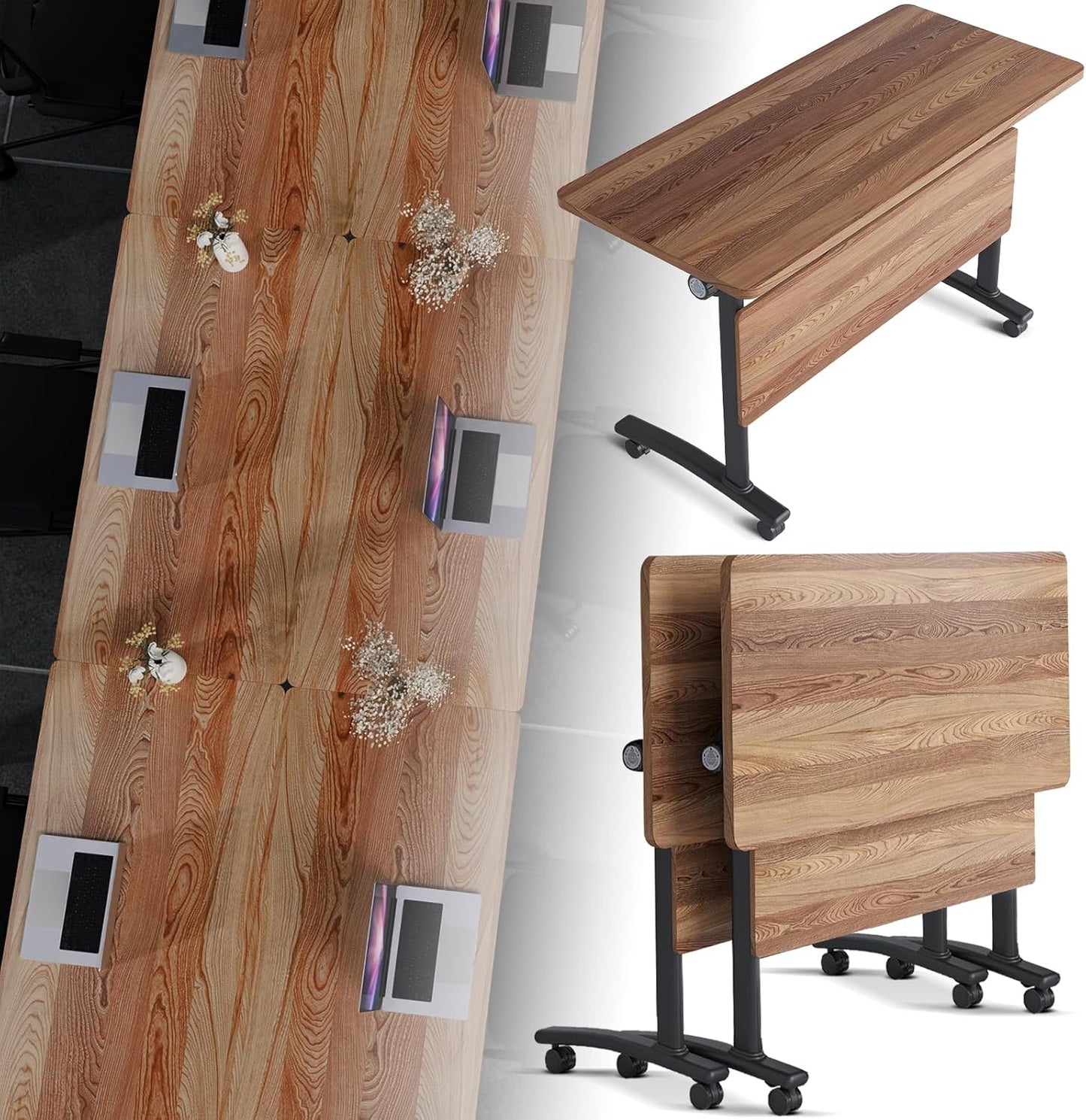 Folding Conference Room Table, Modern Conference Tables with Silent Wheels, Large Rectangular Mobile Training Tables for Office Classroom, Foldable Modular Boardroom Seminar Table (2pack L55.1in)