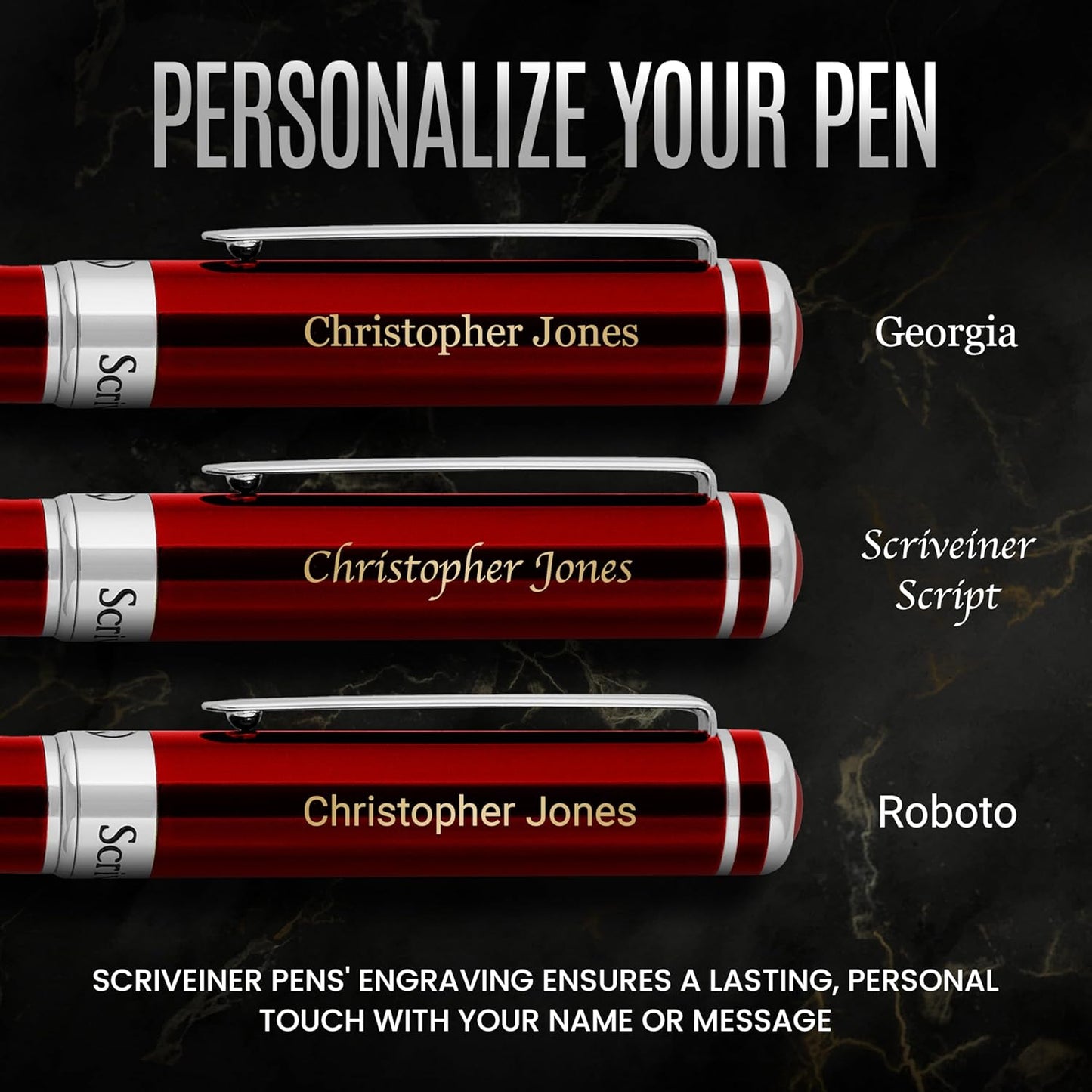 Scriveiner Personalized Deep Crimson Red Pen - Stunning Red Lacquer Luxury Pen with Chrome Finish, Schmidt Ink Refill, Best Engraved Roller Ball Gift Set for Men & Women, Custom Name Engraving